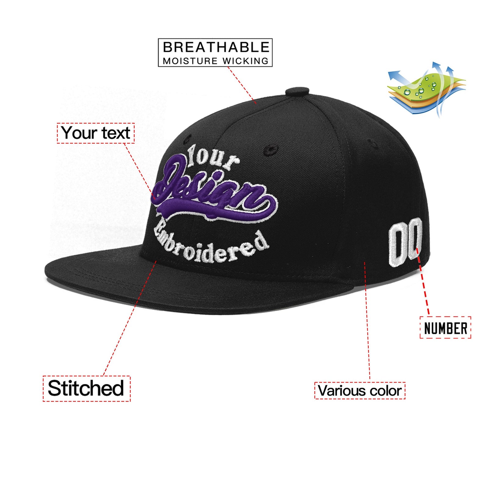 Custom Black 3D Puff Embroidery Flat Embroidery Casual Sport Baseball Cap