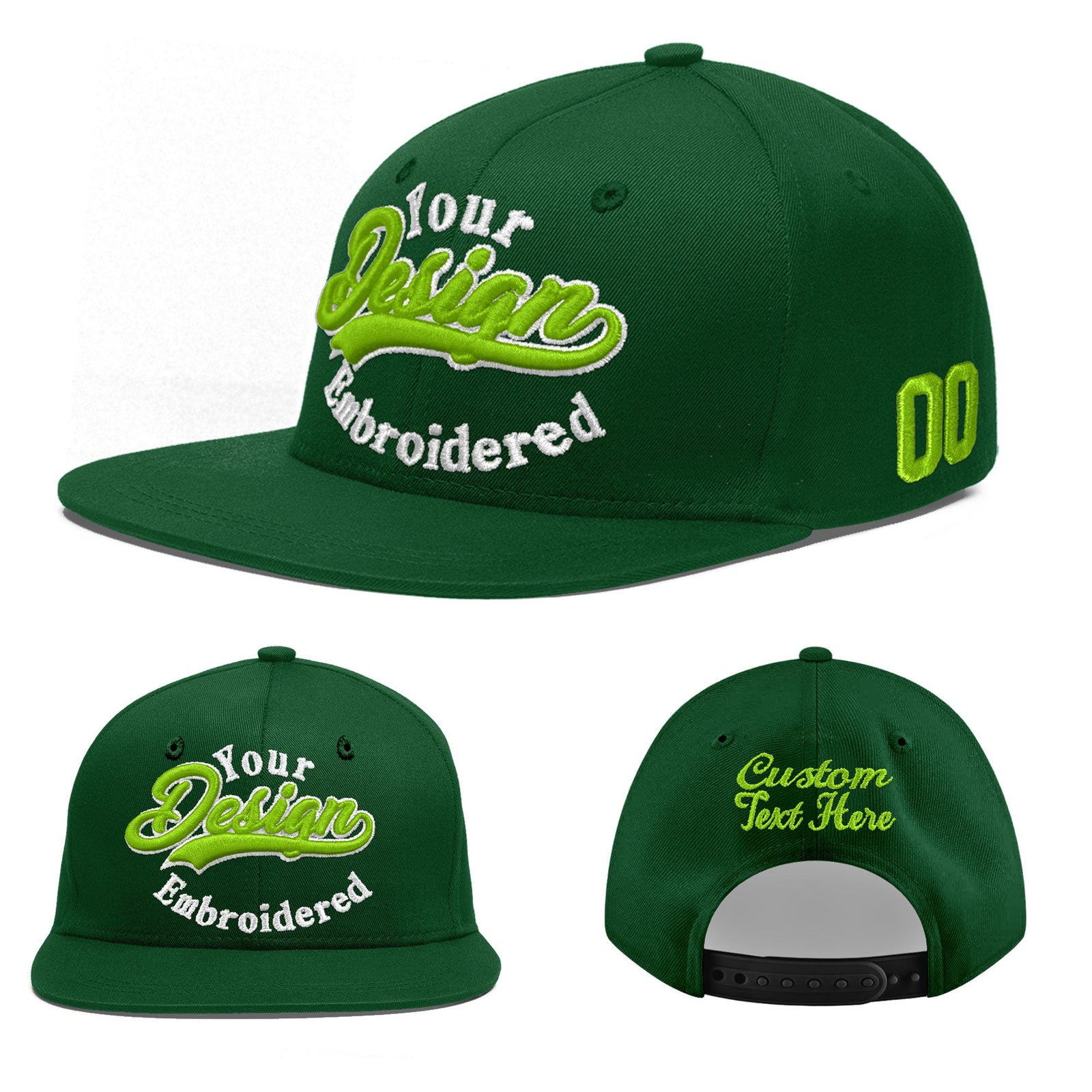 Custom Green 3D Puff Embroidery Flat Embroidery Casual Sport Baseball Cap