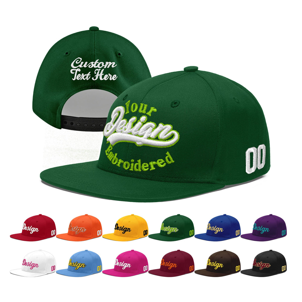 Custom Green 3D Puff Embroidery Flat Embroidery Casual Sport Baseball Cap