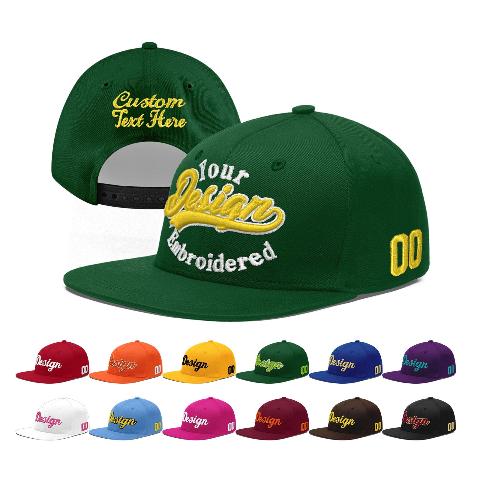 Custom Green 3D Puff Embroidery Flat Embroidery Casual Sport Baseball Cap