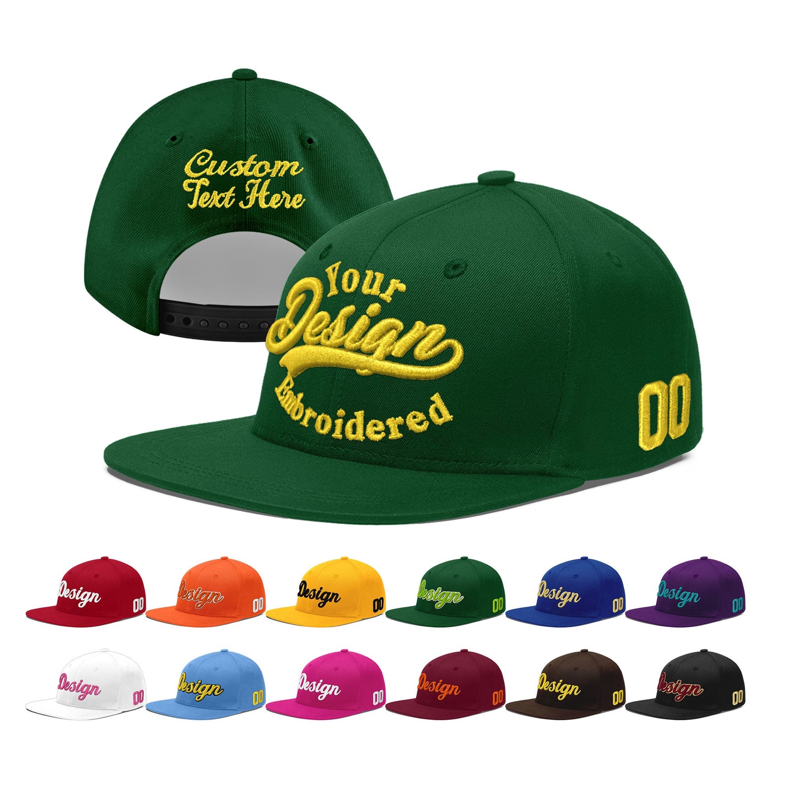 Custom Green 3D Puff Embroidery Flat Embroidery Casual Sport Baseball Cap