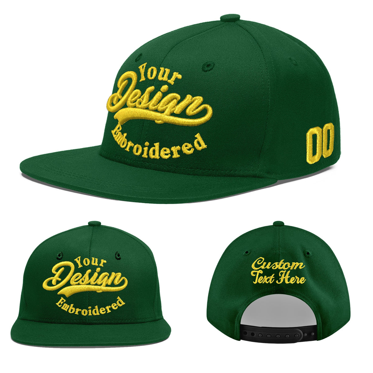 Custom Green 3D Puff Embroidery Flat Embroidery Casual Sport Baseball Cap