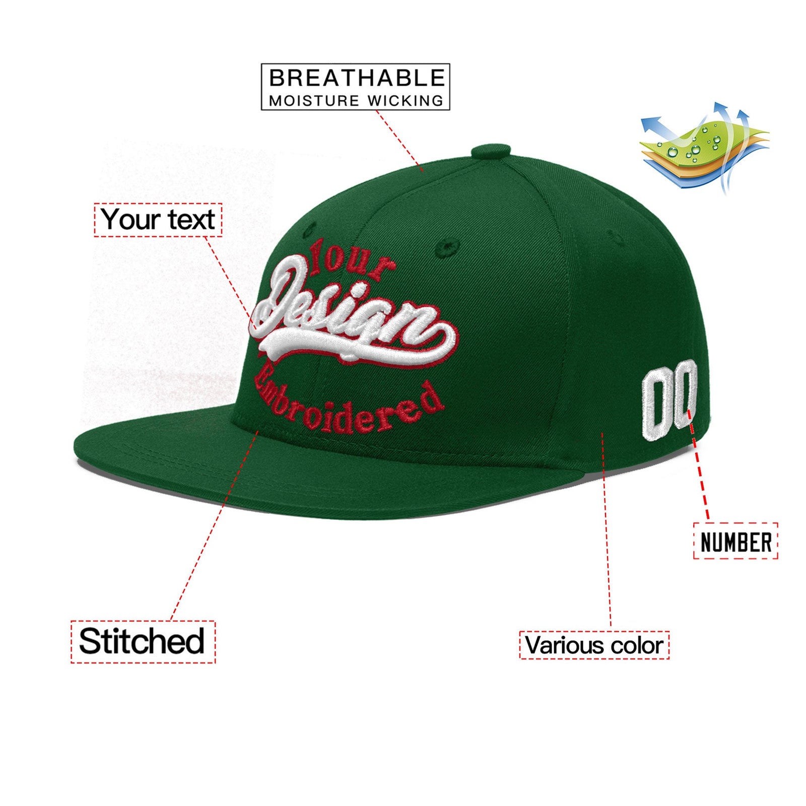 Custom Green 3D Puff Embroidery Flat Embroidery Casual Sport Baseball Cap