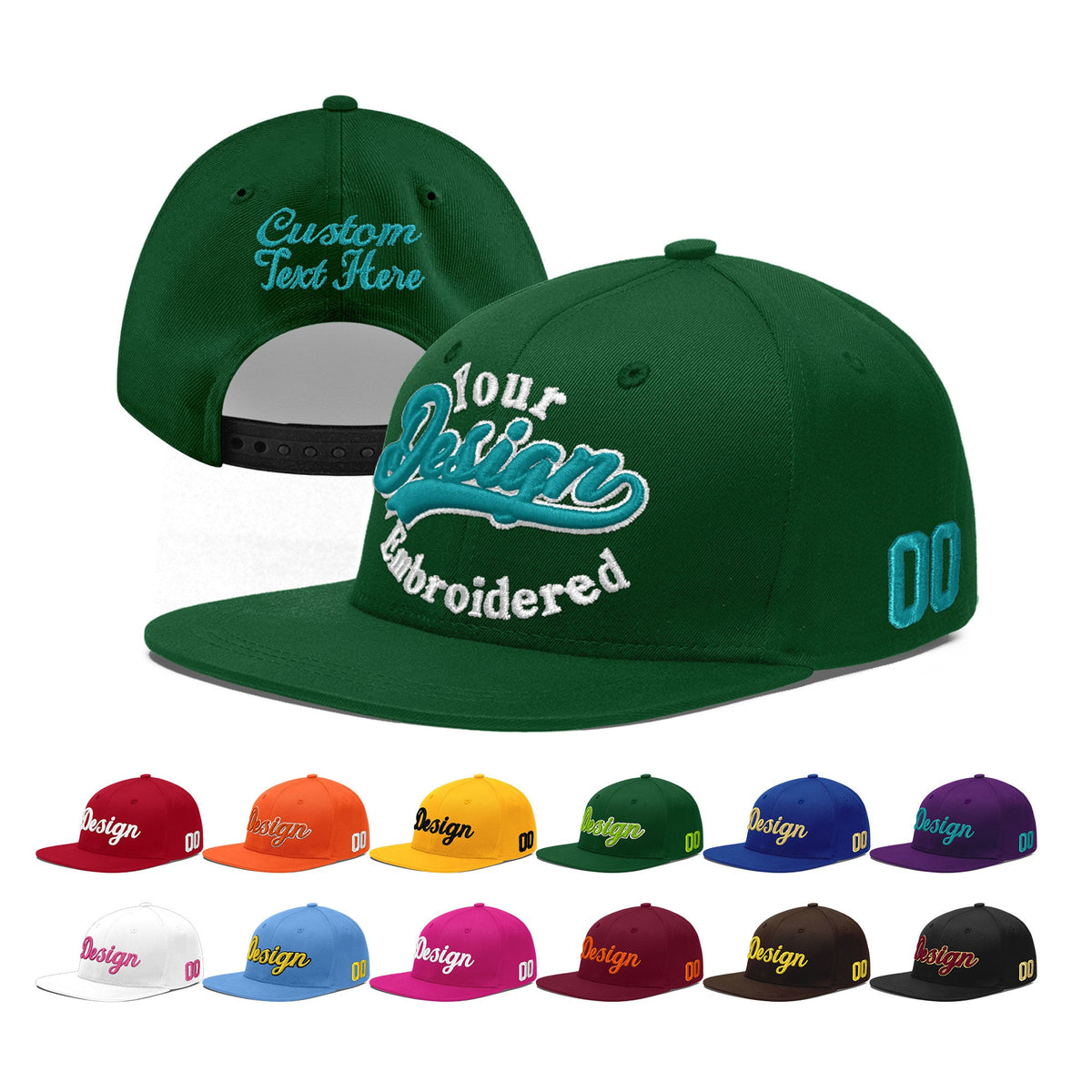 Custom Green 3D Puff Embroidery Flat Embroidery Casual Sport Baseball Cap