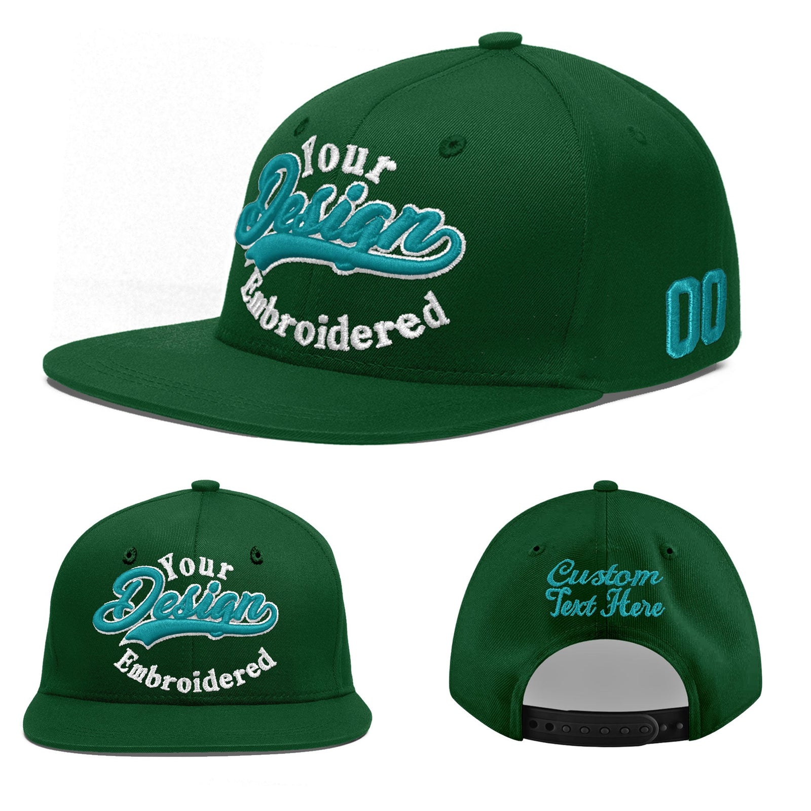 Custom Green 3D Puff Embroidery Flat Embroidery Casual Sport Baseball Cap