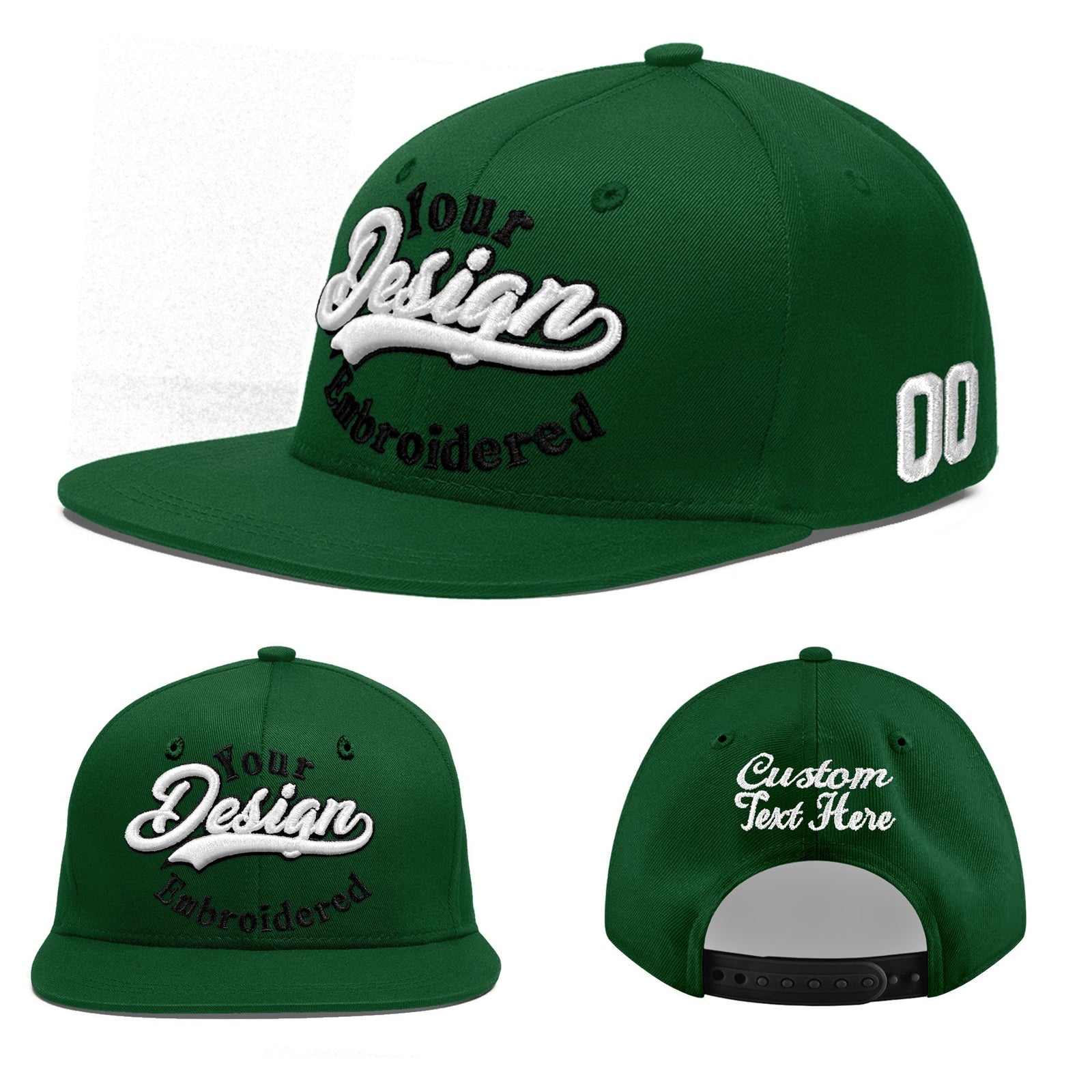 Custom Green 3D Puff Embroidery Flat Embroidery Casual Sport Baseball Cap