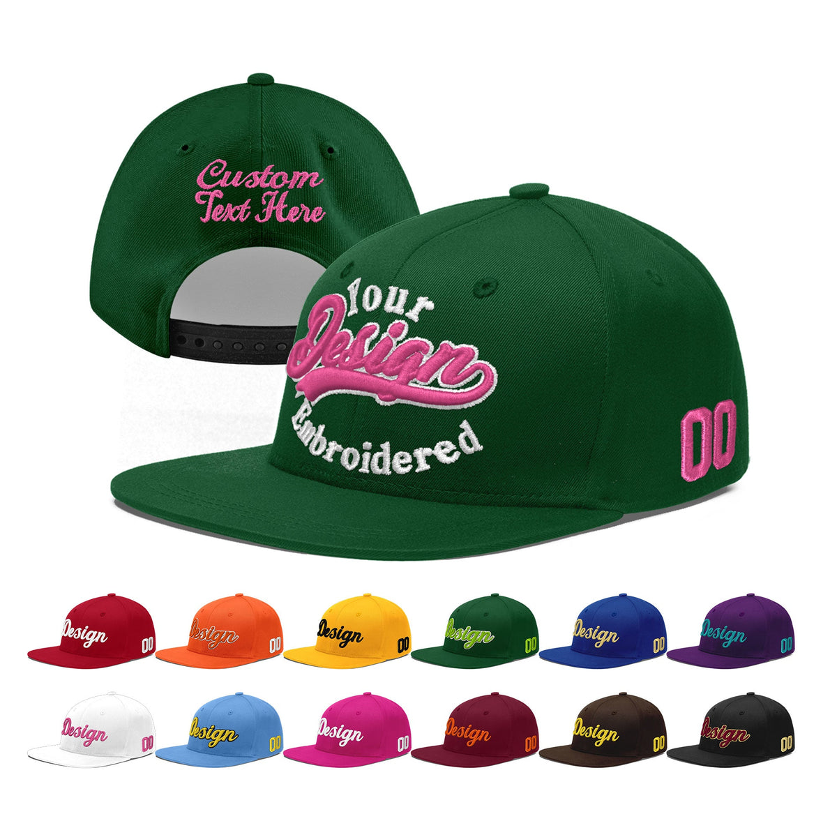 Custom Green 3D Puff Embroidery Flat Embroidery Casual Sport Baseball Cap