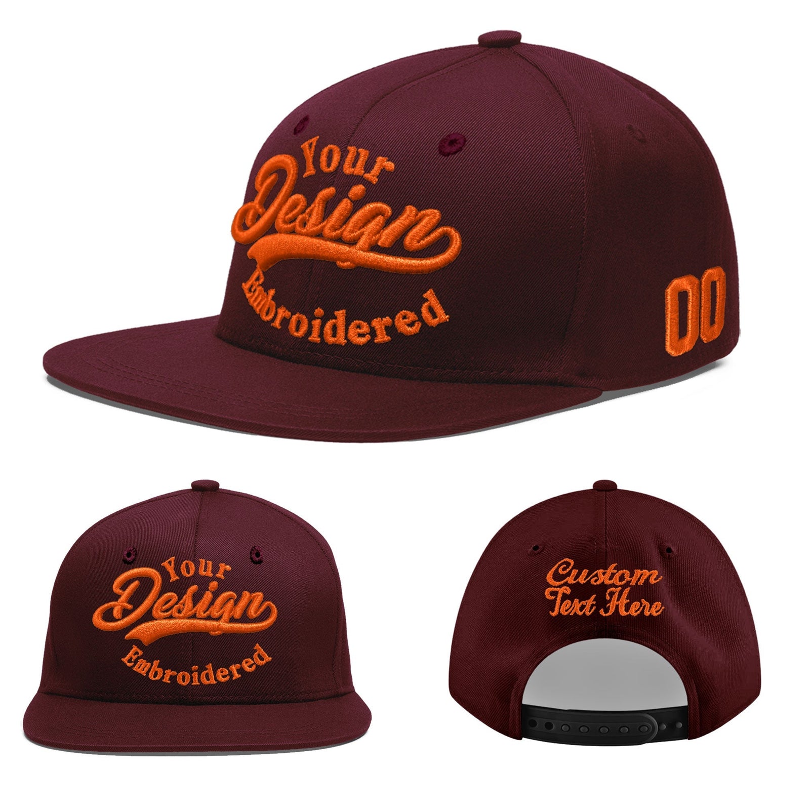 Custom Burgundy 3D Puff Embroidery Flat Embroidery Casual Sport Baseball Cap