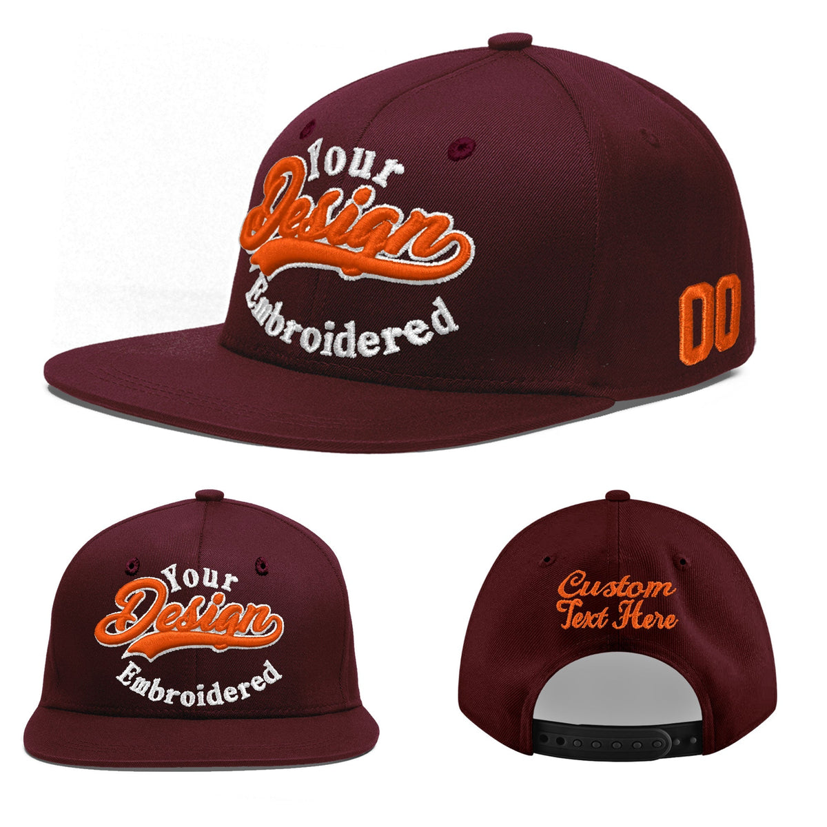Custom Burgundy 3D Puff Embroidery Flat Embroidery Casual Sport Baseball Cap