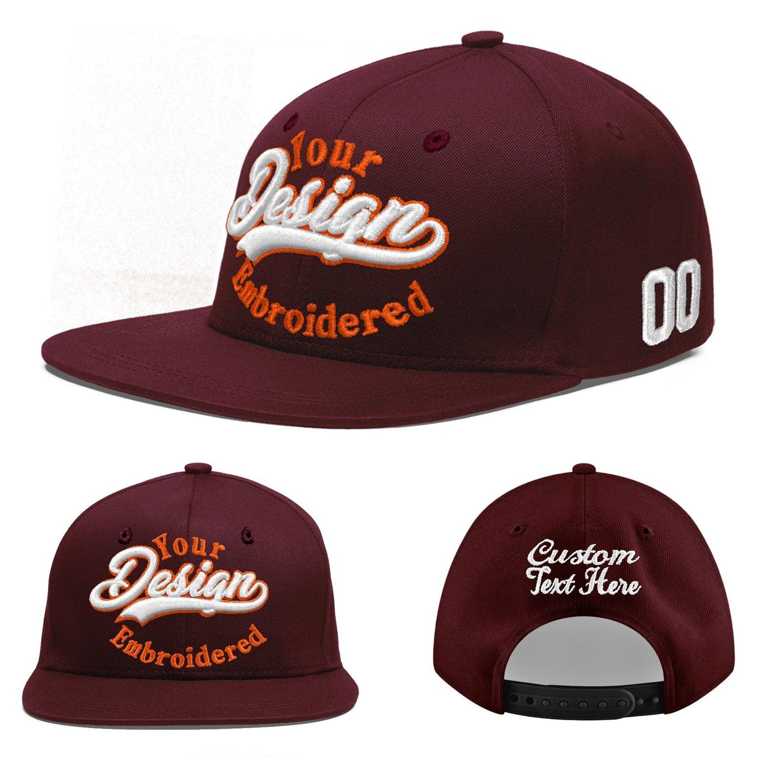 Custom Burgundy 3D Puff Embroidery Flat Embroidery Casual Sport Baseball Cap