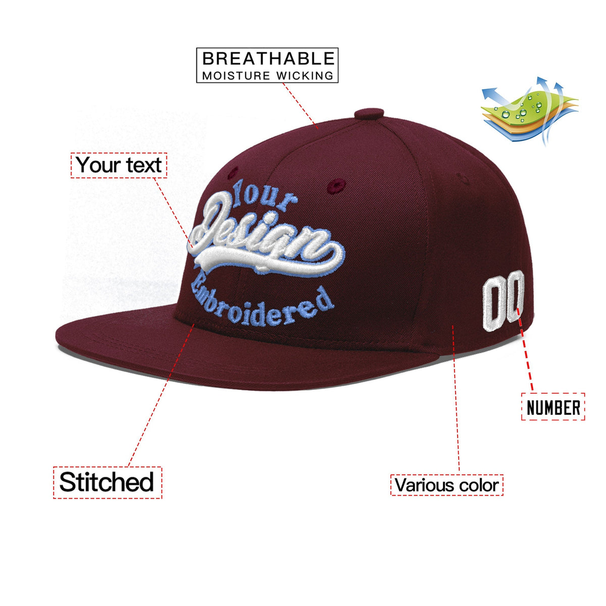 Custom Burgundy 3D Puff Embroidery Flat Embroidery Casual Sport Baseball Cap