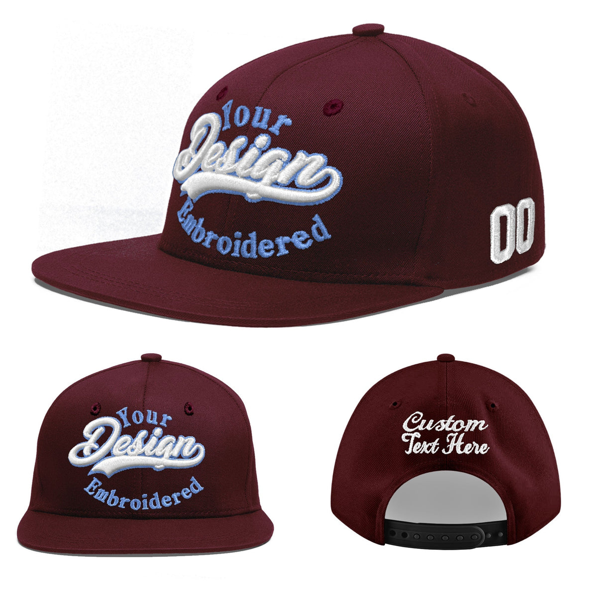 Custom Burgundy 3D Puff Embroidery Flat Embroidery Casual Sport Baseball Cap