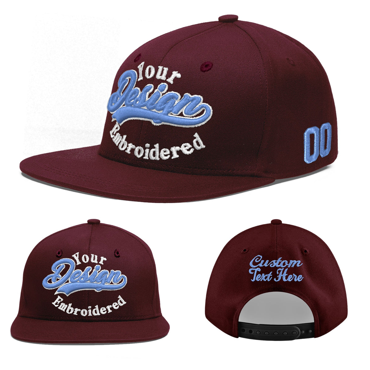 Custom Burgundy 3D Puff Embroidery Flat Embroidery Casual Sport Baseball Cap