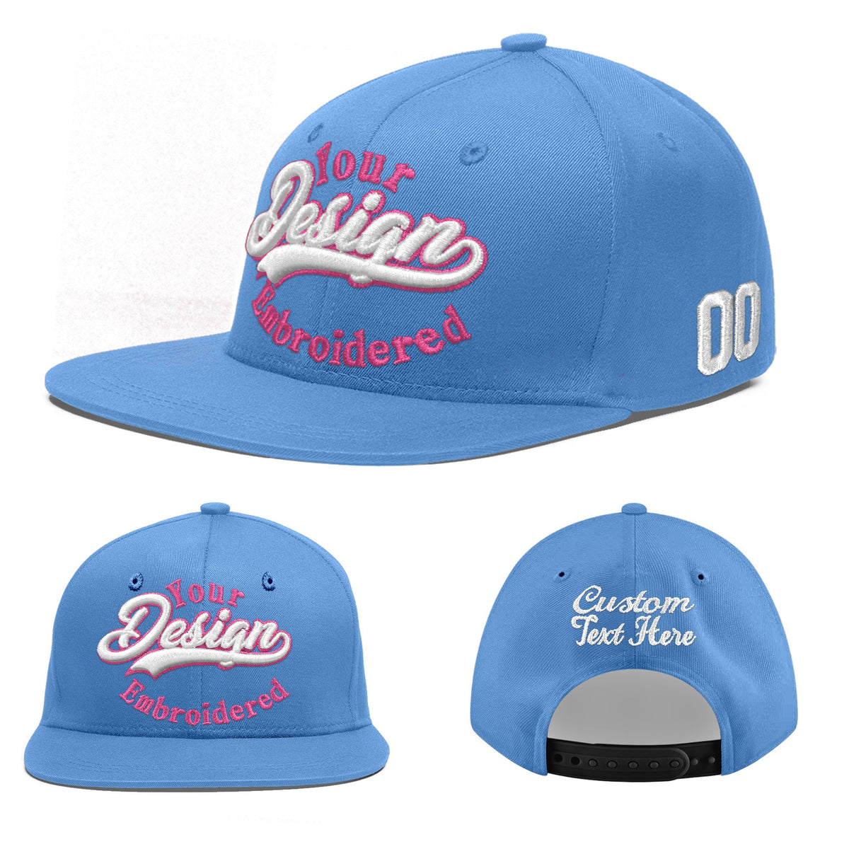 Custom Powder Blue 3D Puff Embroidery Flat Embroidery Casual Sport Baseball Cap