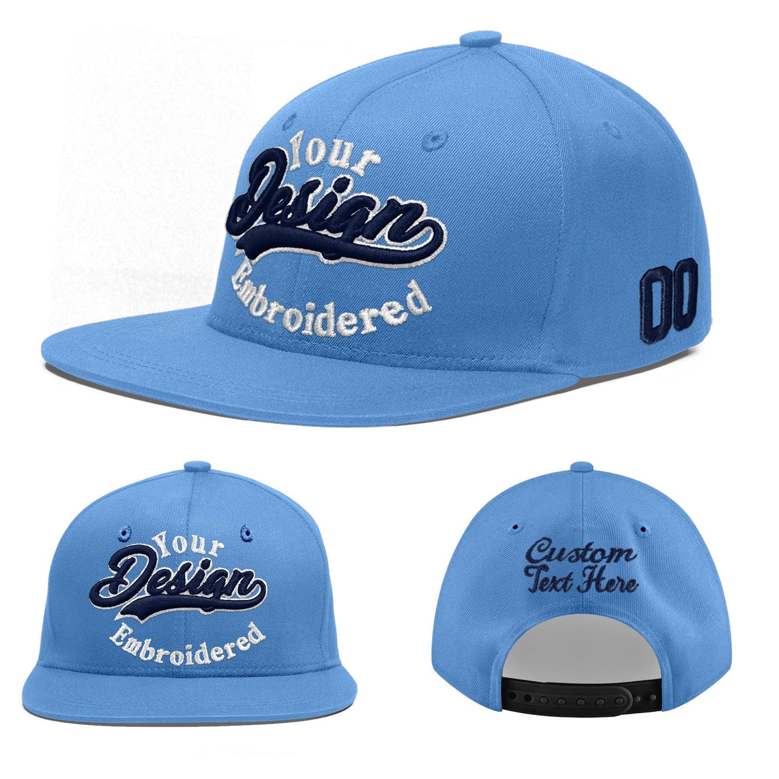 Custom Powder Blue 3D Puff Embroidery Flat Embroidery Casual Sport Baseball Cap