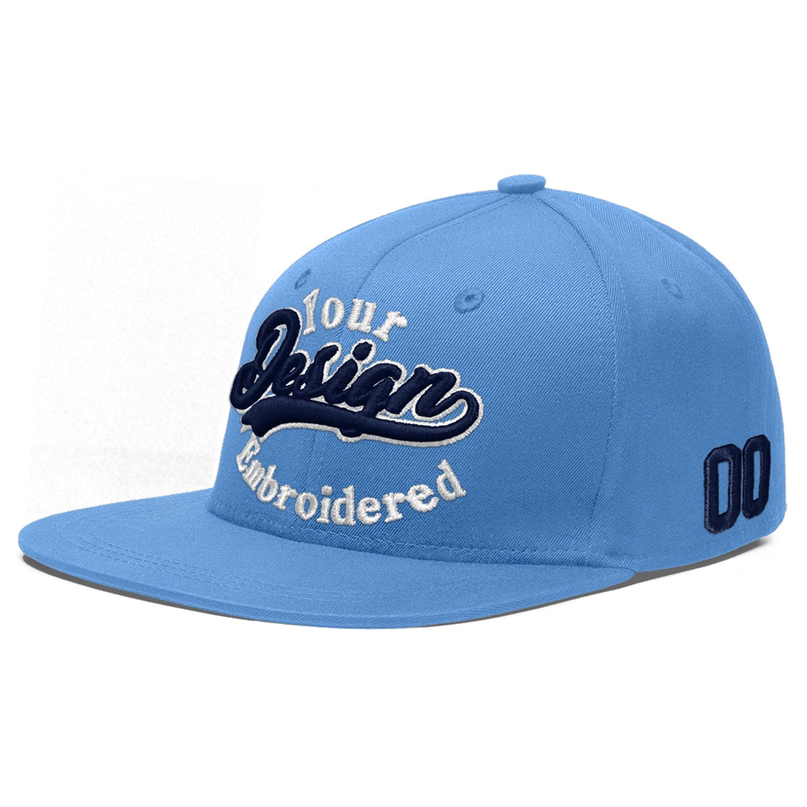 Custom Powder Blue 3D Puff Embroidery Flat Embroidery Casual Sport Baseball Cap
