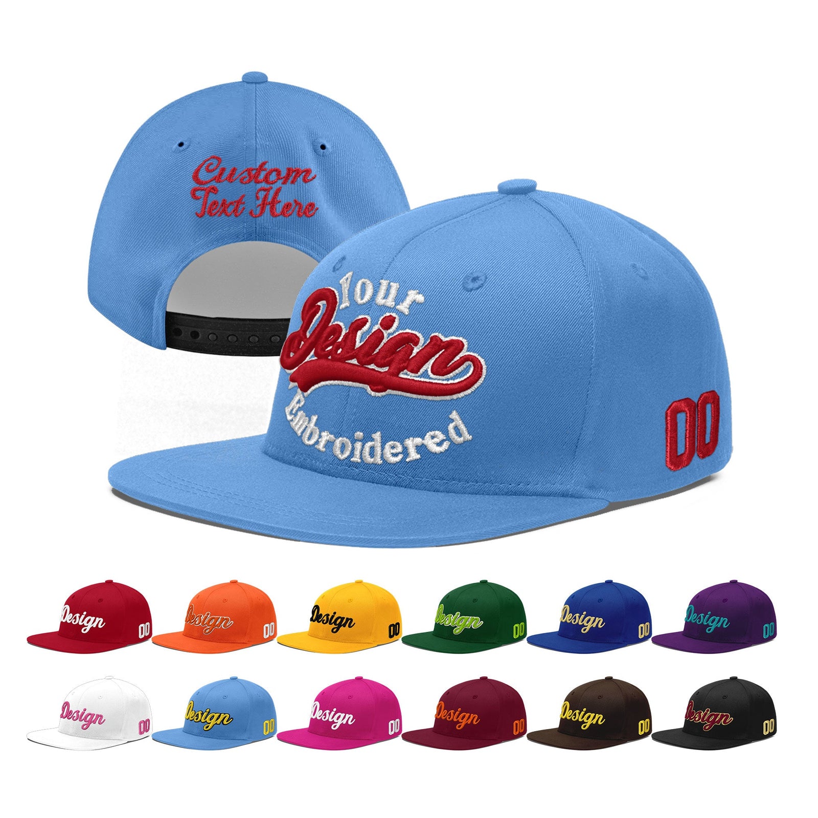 Custom Powder Blue 3D Puff Embroidery Flat Embroidery Casual Sport Baseball Cap