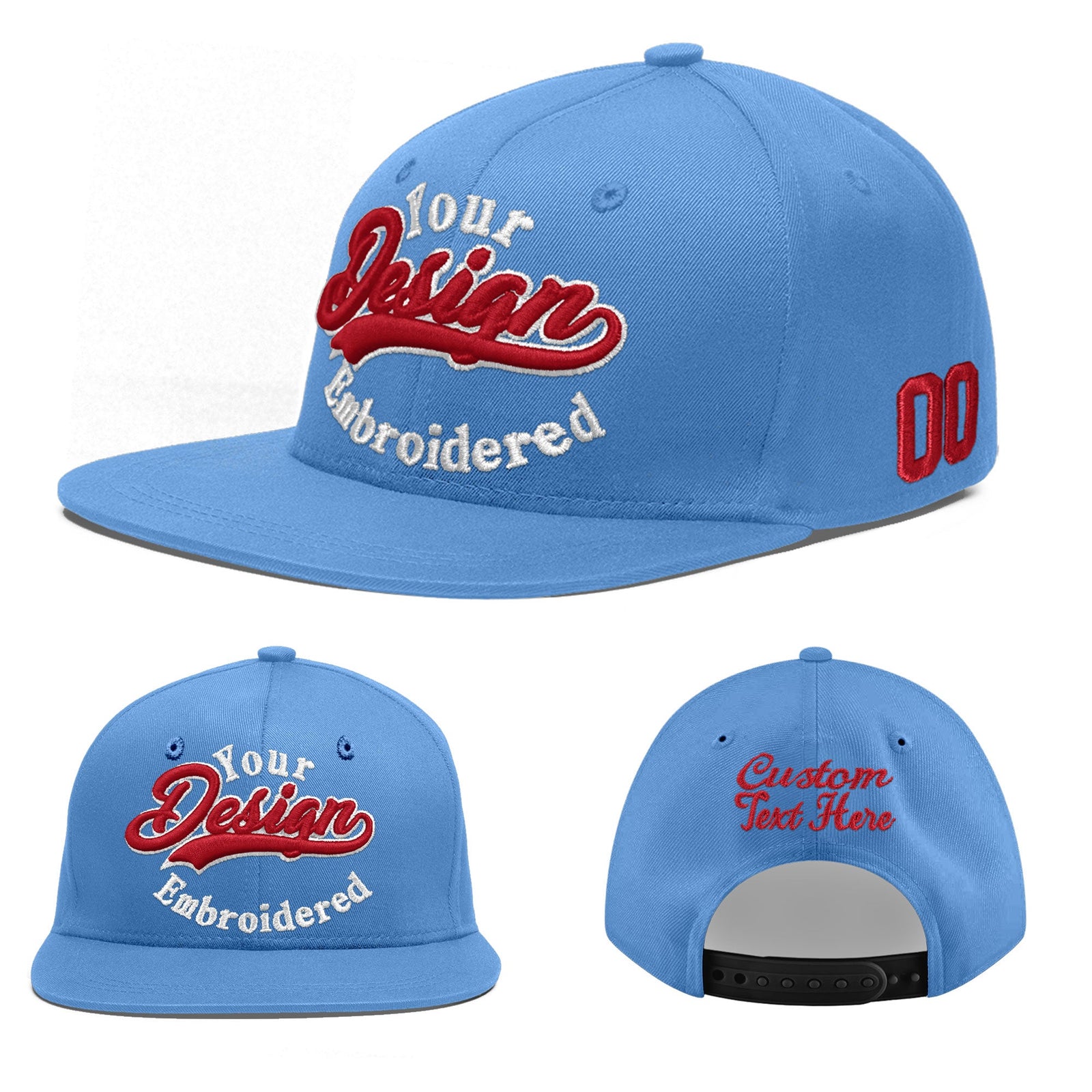 Custom Powder Blue 3D Puff Embroidery Flat Embroidery Casual Sport Baseball Cap