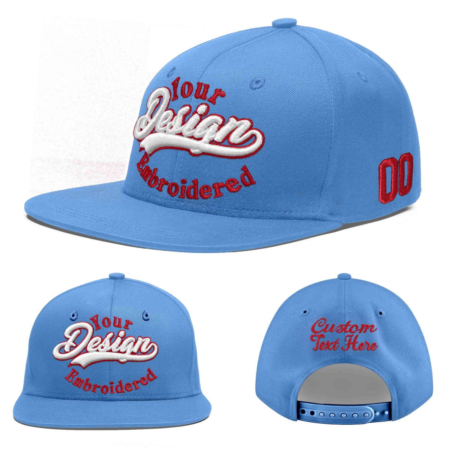Custom Powder Blue 3D Puff Embroidery Flat Embroidery Casual Sport Baseball Cap