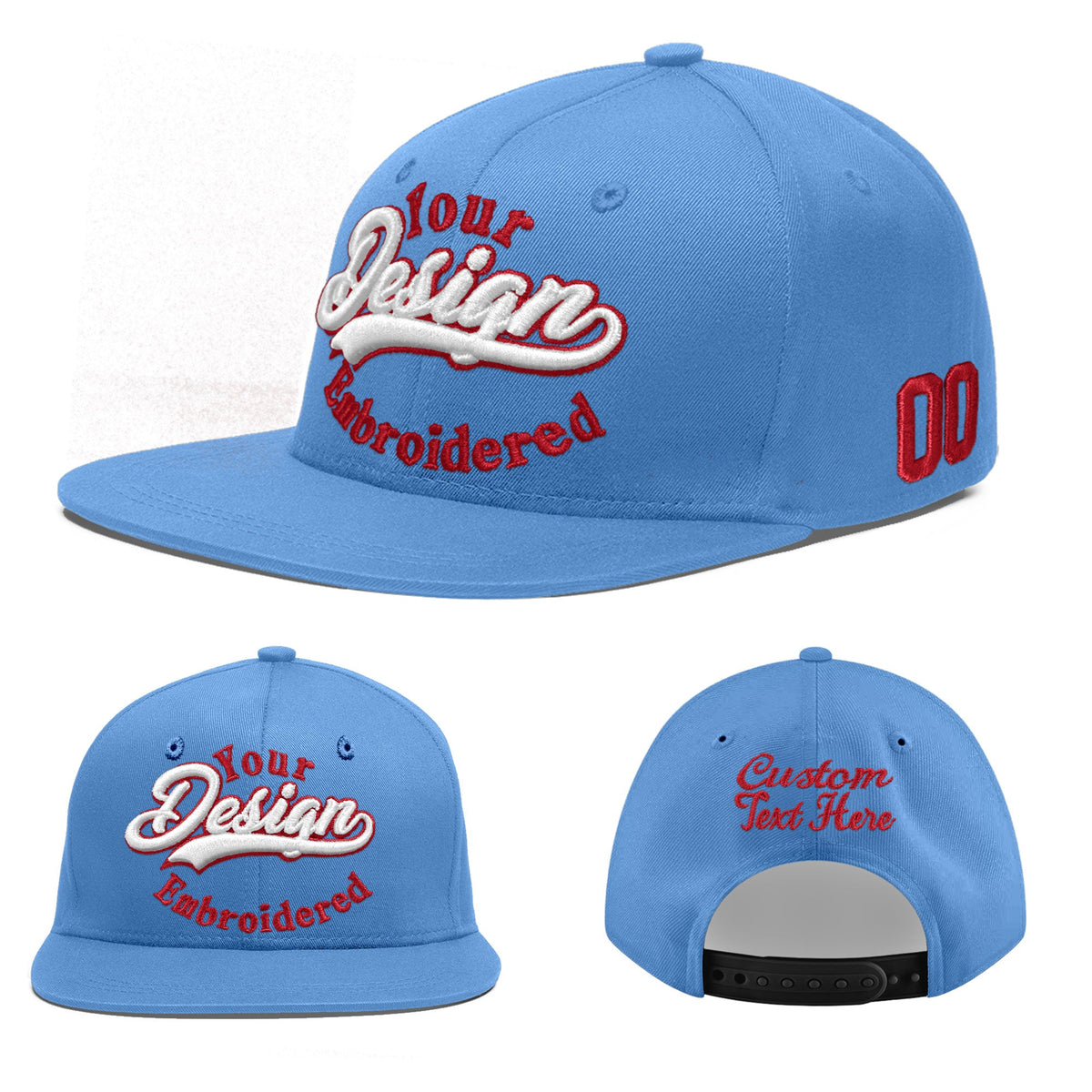 Custom Powder Blue 3D Puff Embroidery Flat Embroidery Casual Sport Baseball Cap