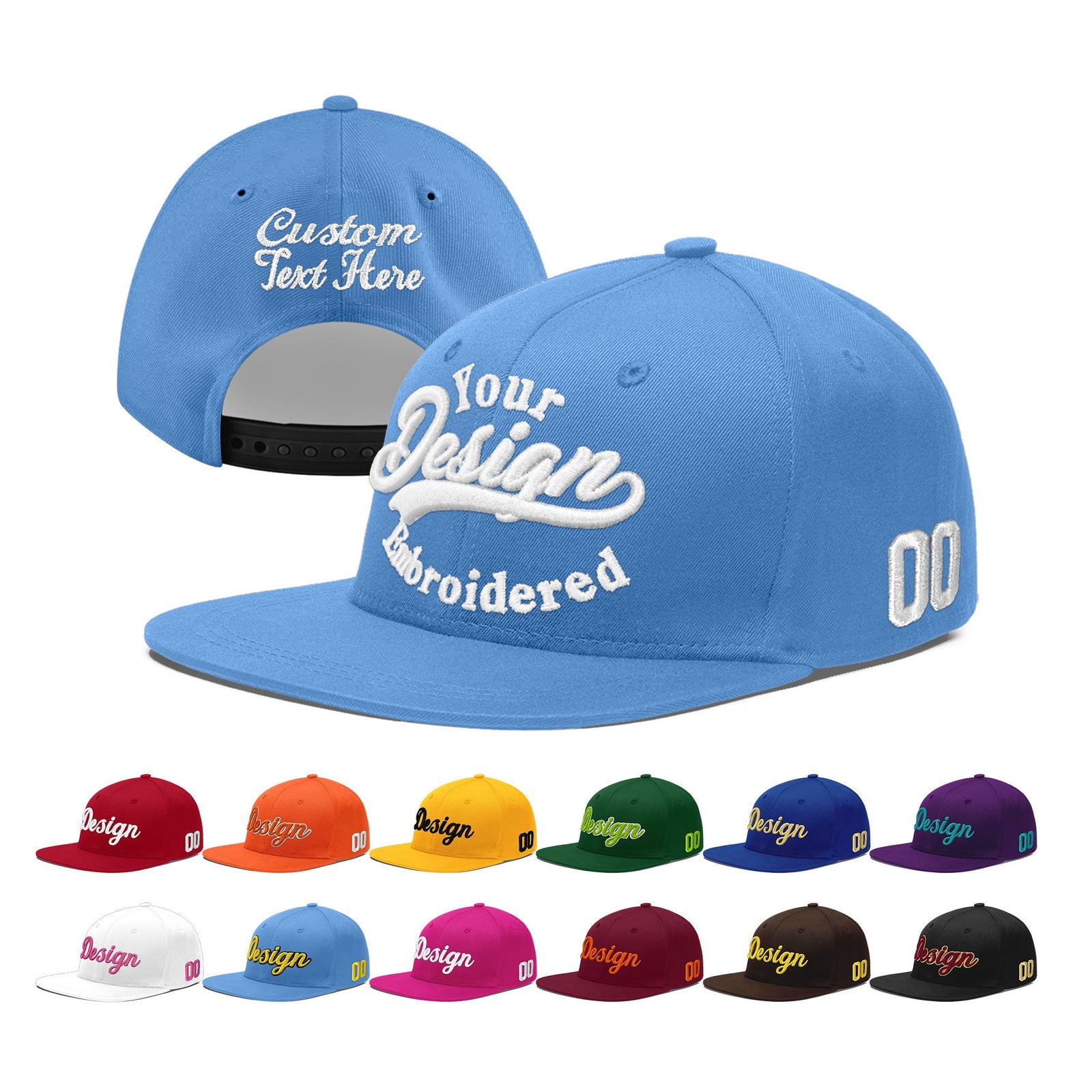 Custom Powder Blue 3D Puff Embroidery Flat Embroidery Casual Sport Baseball Cap