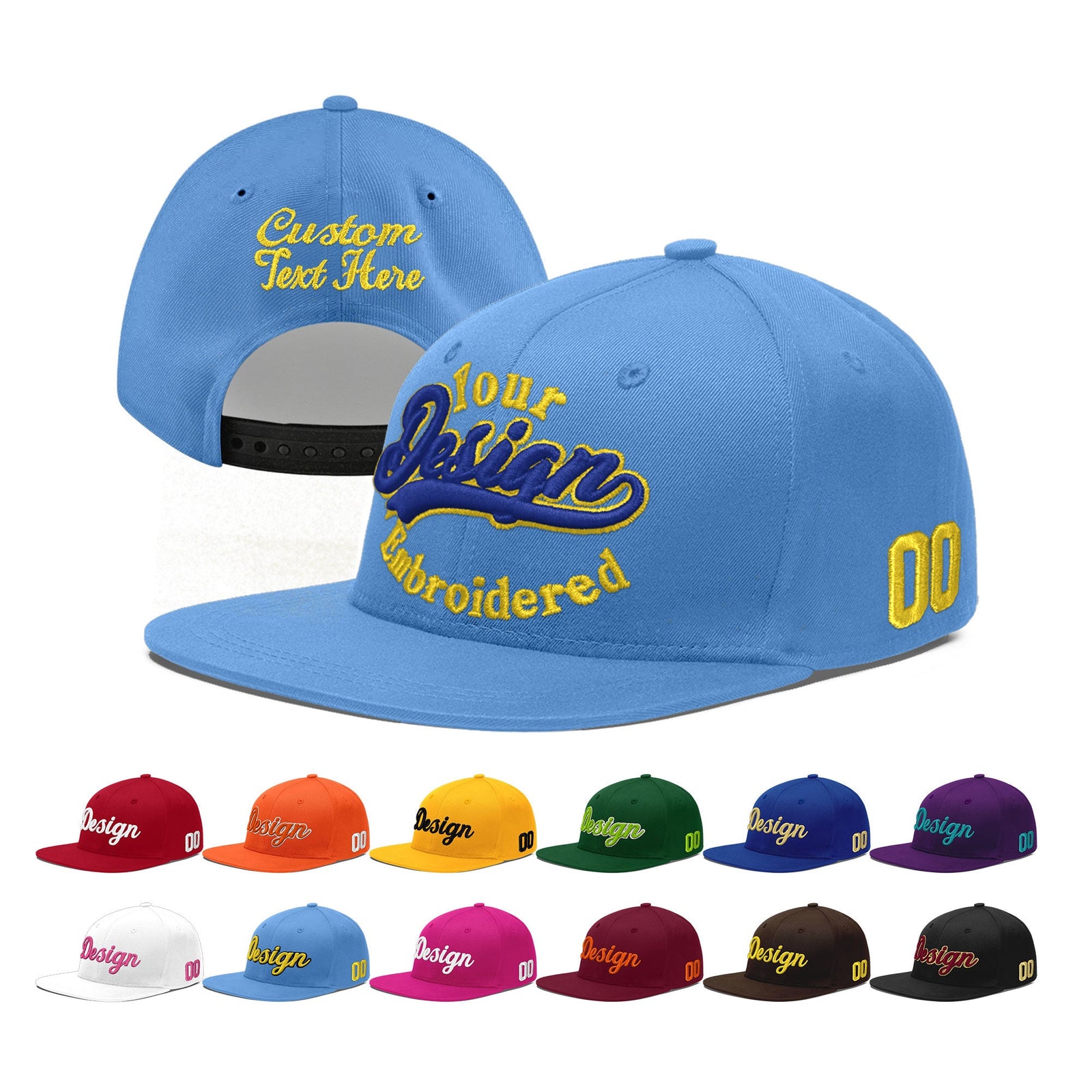 Custom Powder Blue 3D Puff Embroidery Flat Embroidery Casual Sport Baseball Cap