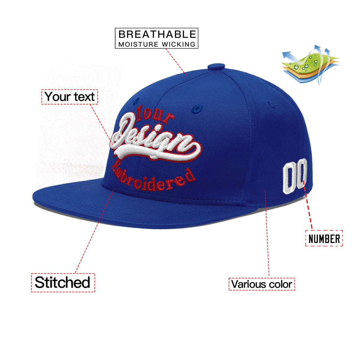Custom Royal 3D Puff Embroidery Flat Embroidery Casual Sport Baseball Cap