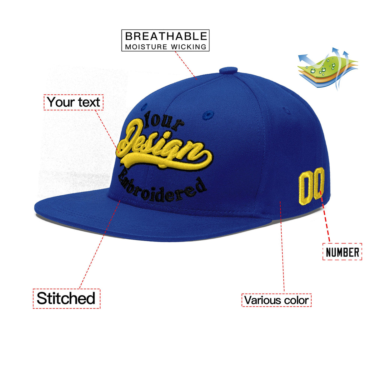 Custom Royal 3D Puff Embroidery Flat Embroidery Casual Sport Baseball Cap