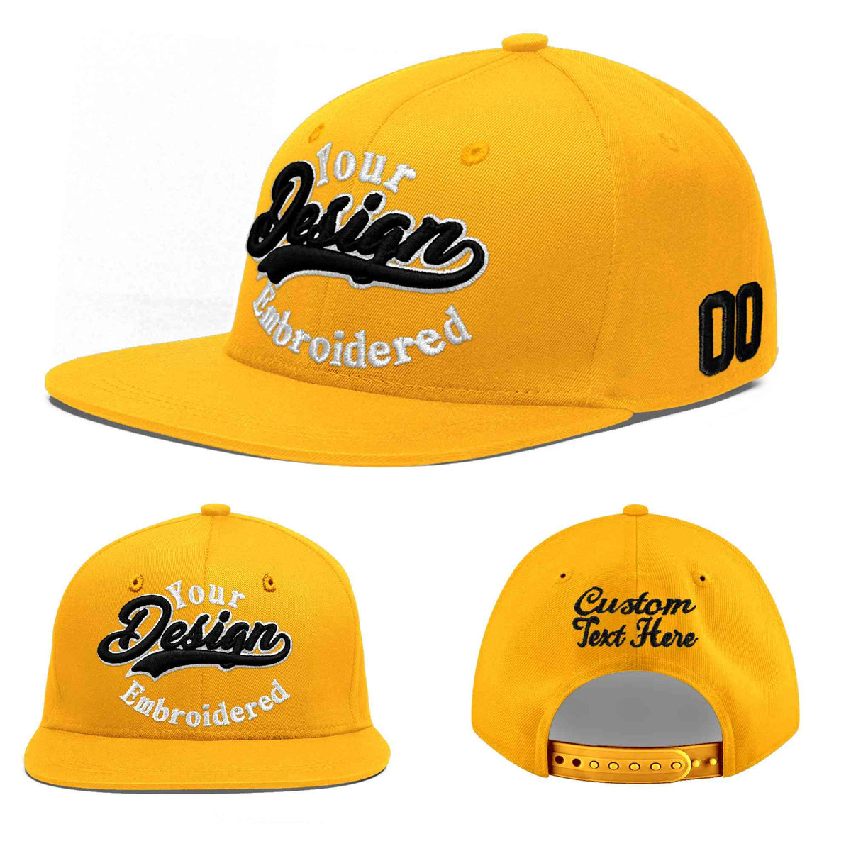 Custom Yellow 3D Puff Embroidery Flat Embroidery Casual Sport Baseball Cap