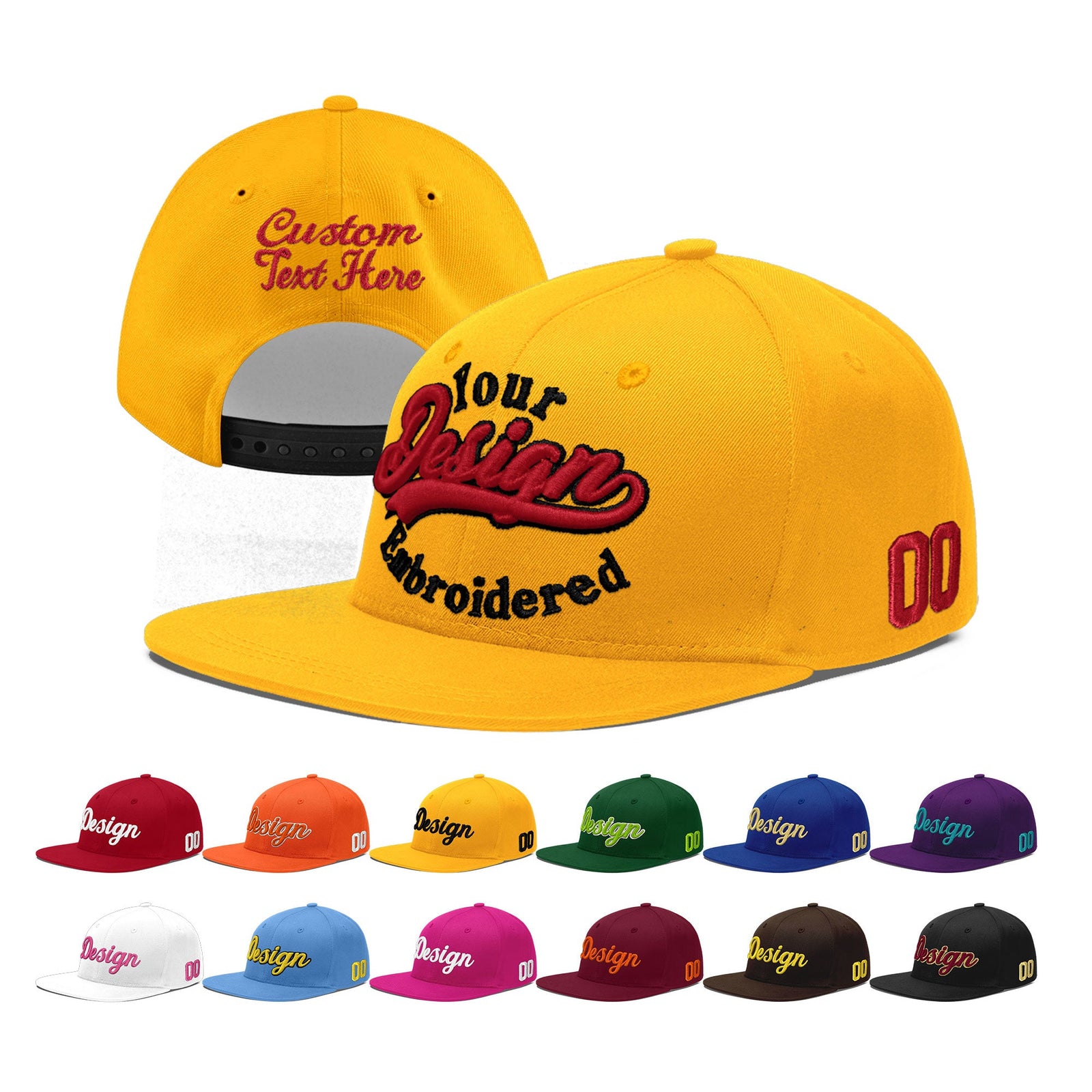 Custom Yellow 3D Puff Embroidery Flat Embroidery Casual Sport Baseball Cap