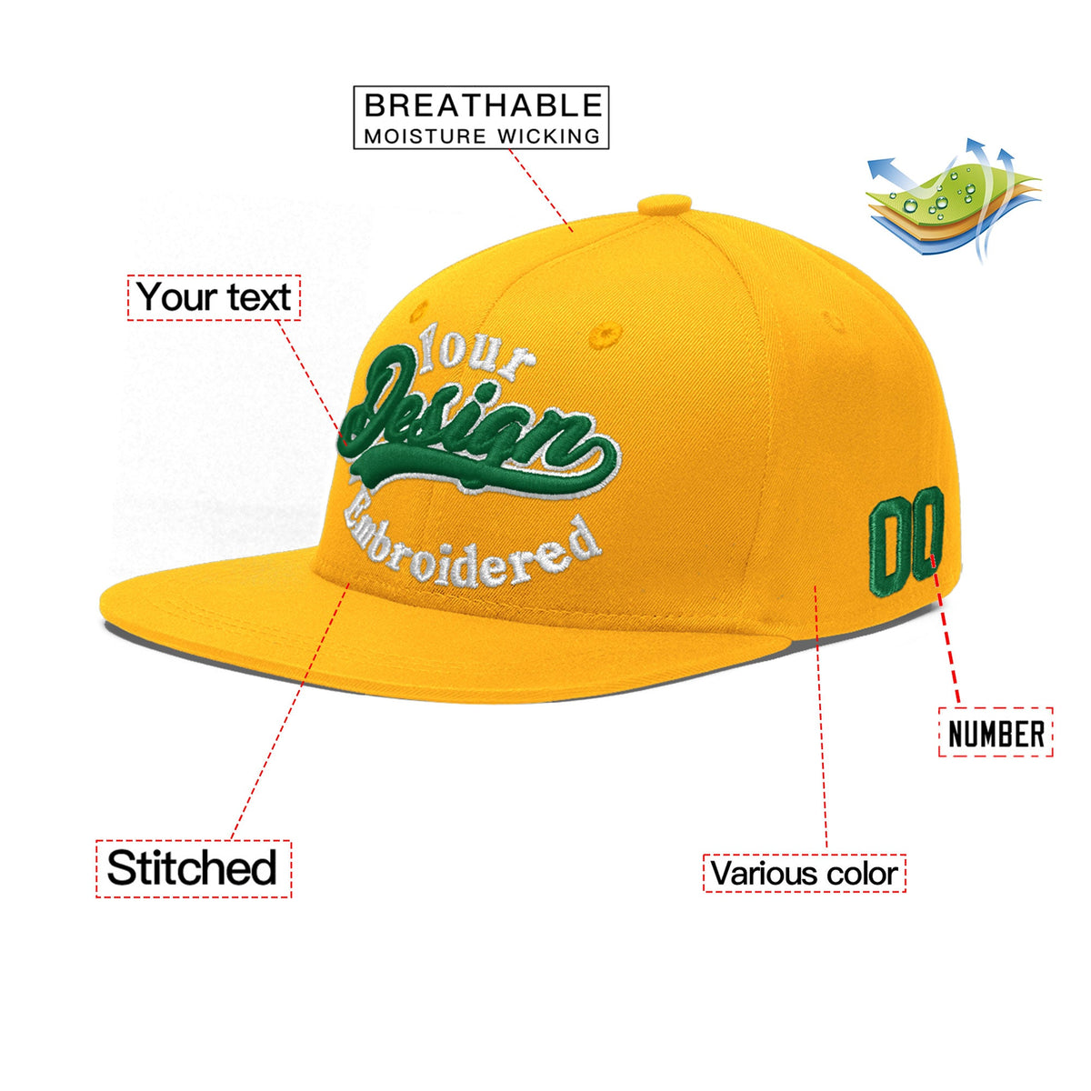 Custom Yellow 3D Puff Embroidery Flat Embroidery Casual Sport Baseball Cap