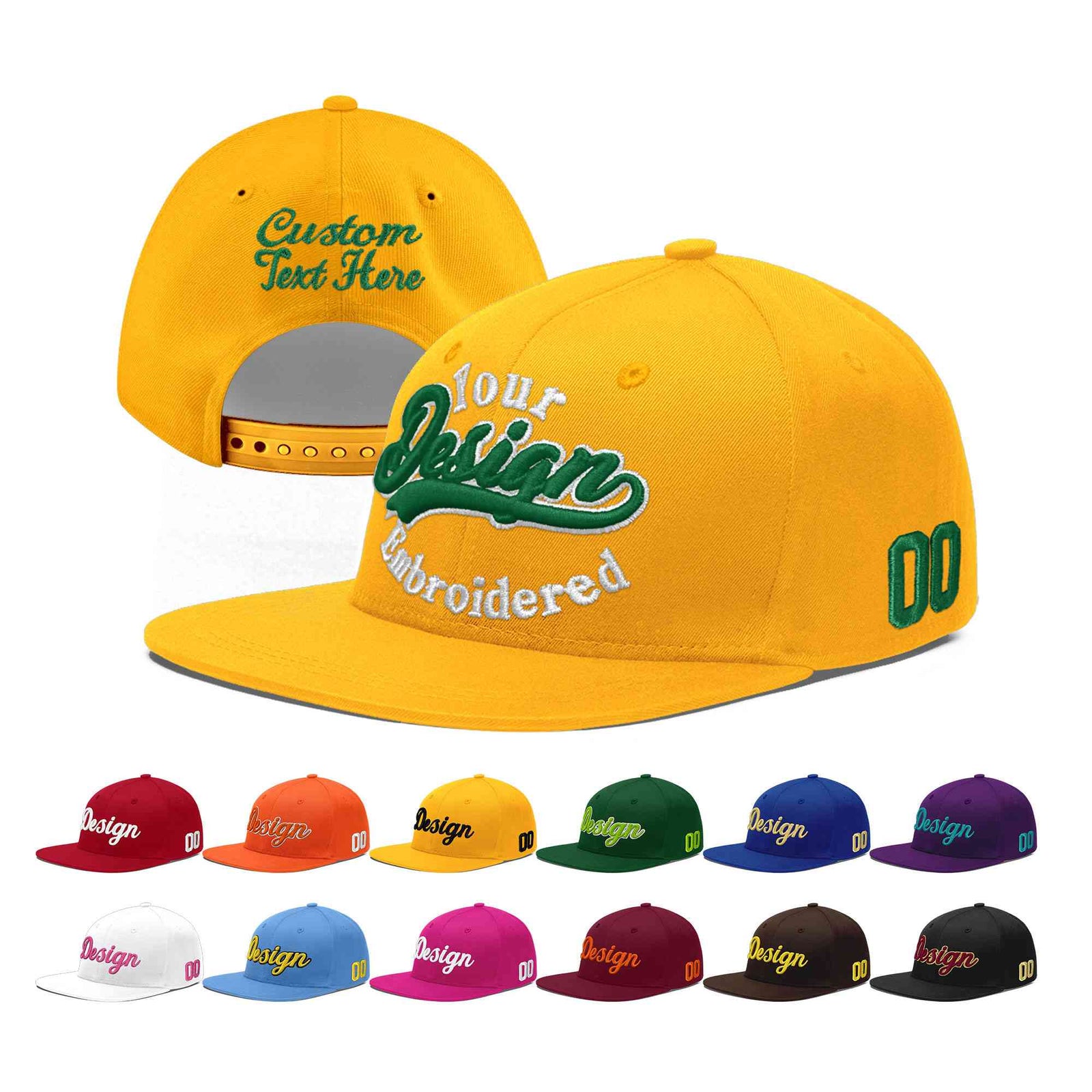 Custom Yellow 3D Puff Embroidery Flat Embroidery Casual Sport Baseball Cap