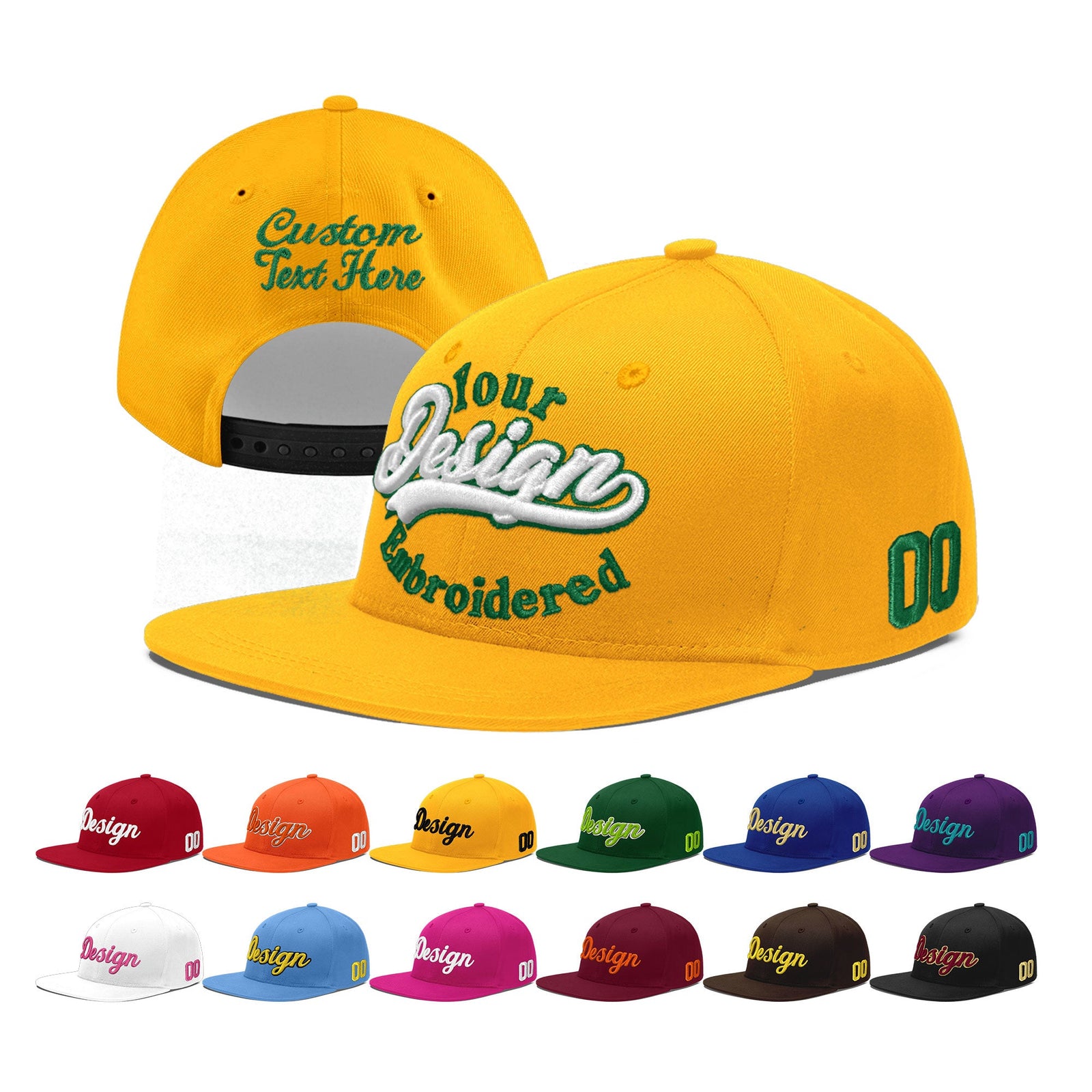 Custom Yellow 3D Puff Embroidery Flat Embroidery Casual Sport Baseball Cap