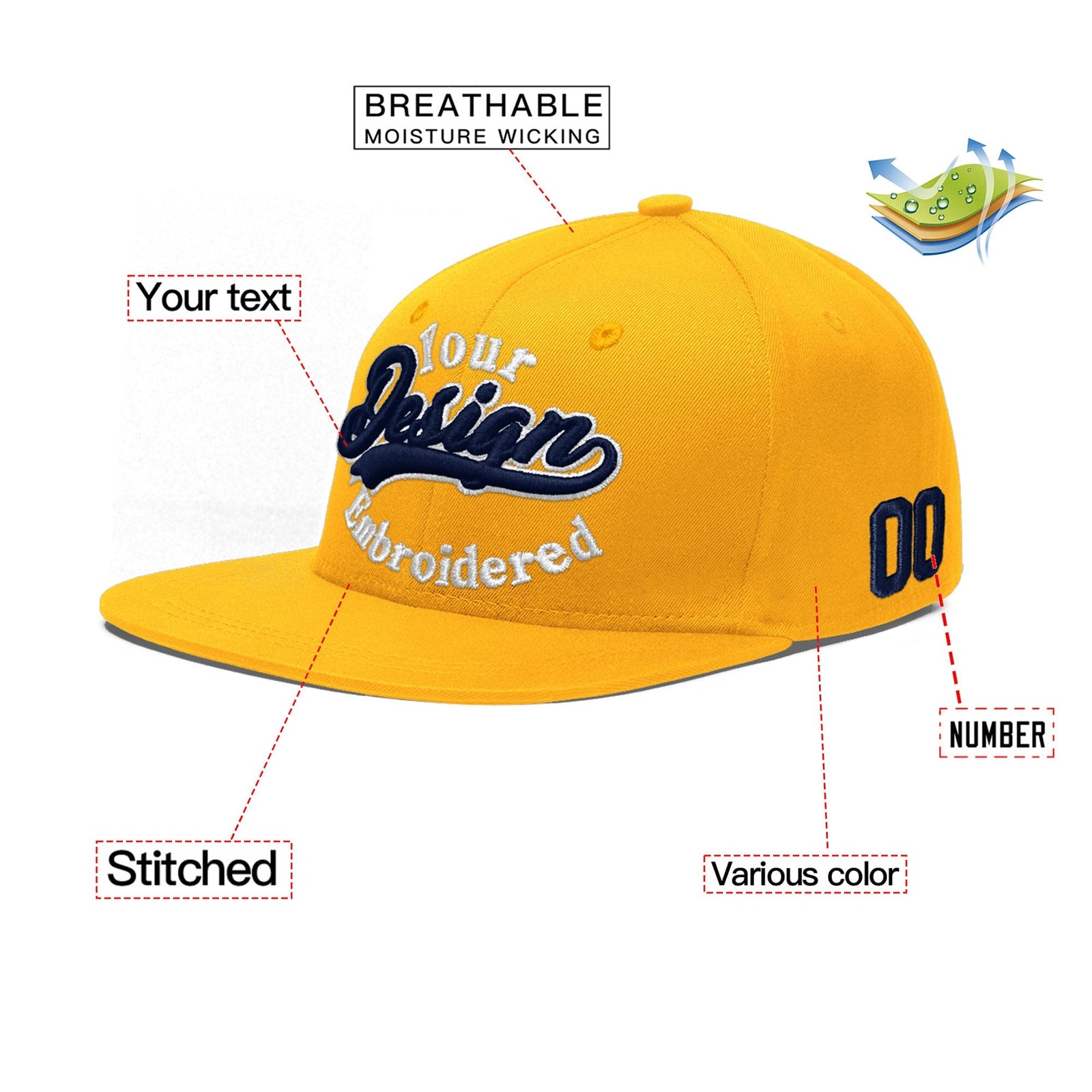 Custom Yellow 3D Puff Embroidery Flat Embroidery Casual Sport Baseball Cap