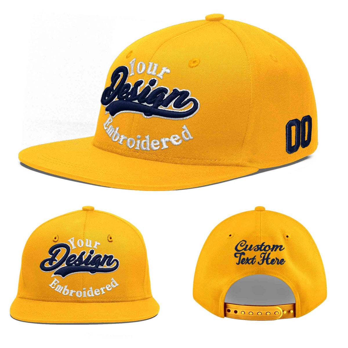 Custom Yellow Navy-White 3D Puff Embroidery Flat Embroidery Casual Sport Baseball Cap