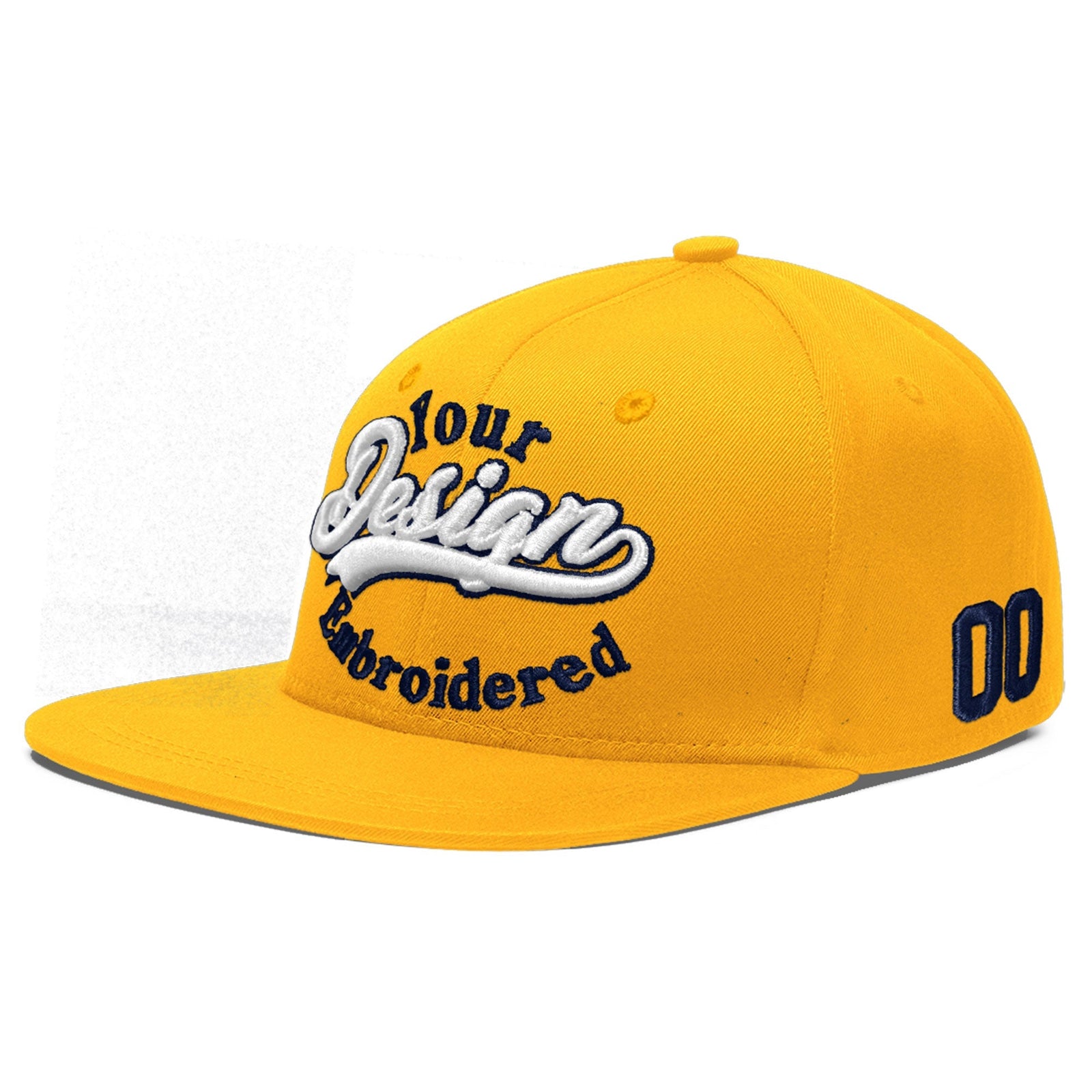 Custom Yellow Navy-White 3D Puff Embroidery Flat Embroidery Casual Sport Baseball Cap