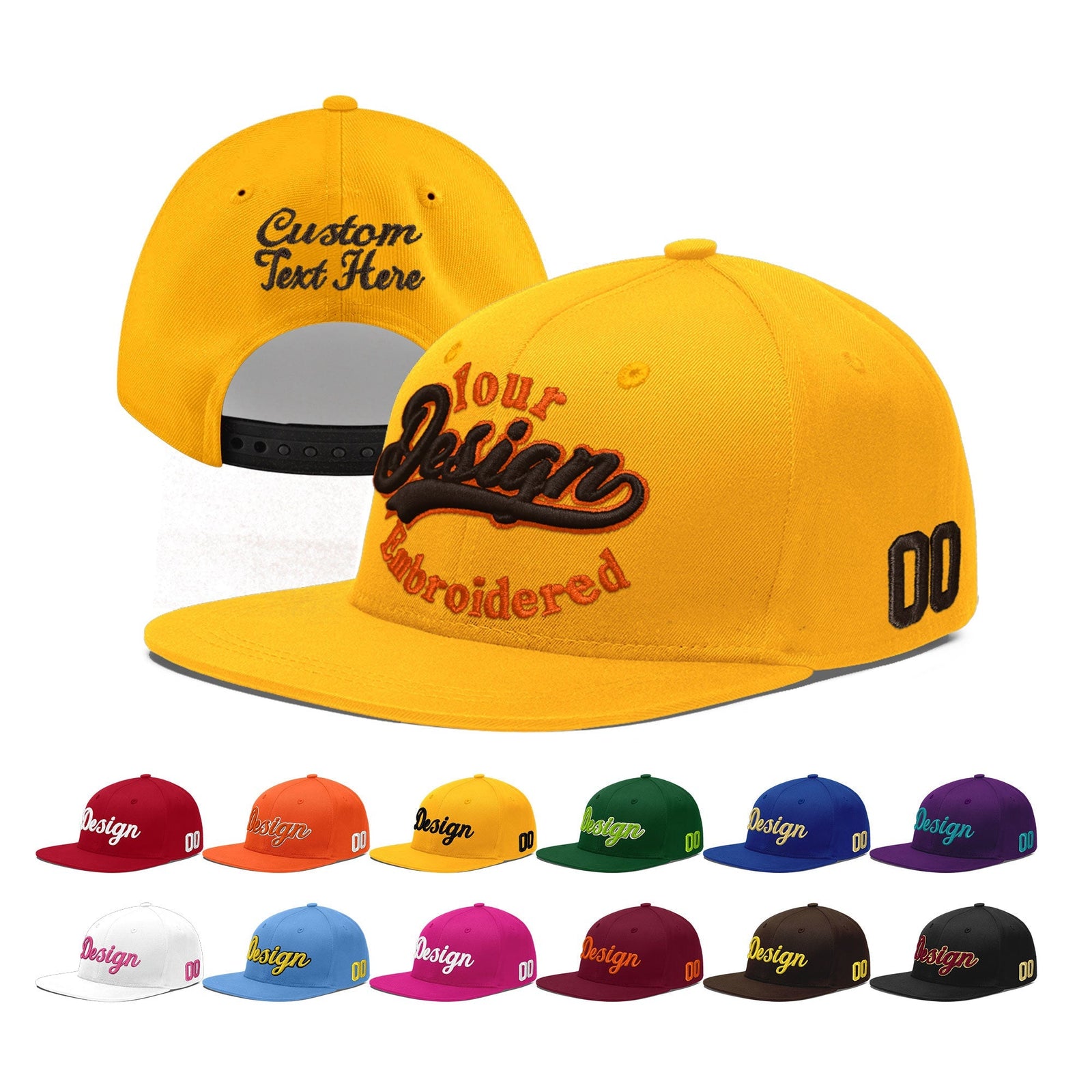 Custom Yellow 3D Puff Embroidery Flat Embroidery Casual Sport Baseball Cap