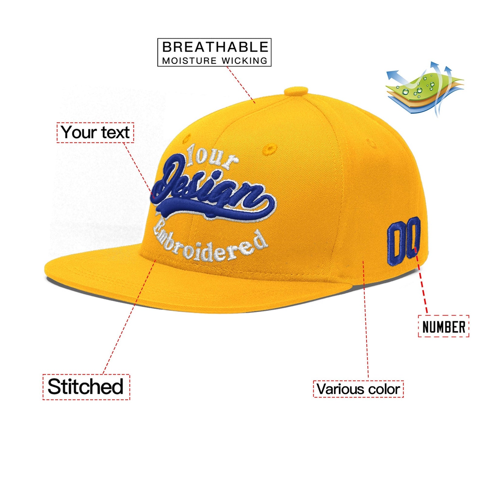 Custom Yellow 3D Puff Embroidery Flat Embroidery Casual Sport Baseball Cap