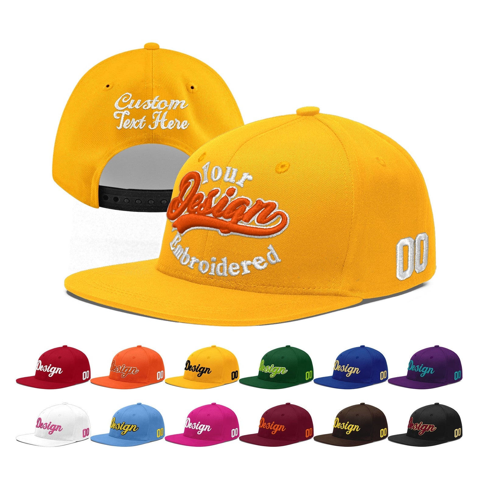 Custom Yellow 3D Puff Embroidery Flat Embroidery Casual Sport Baseball Cap