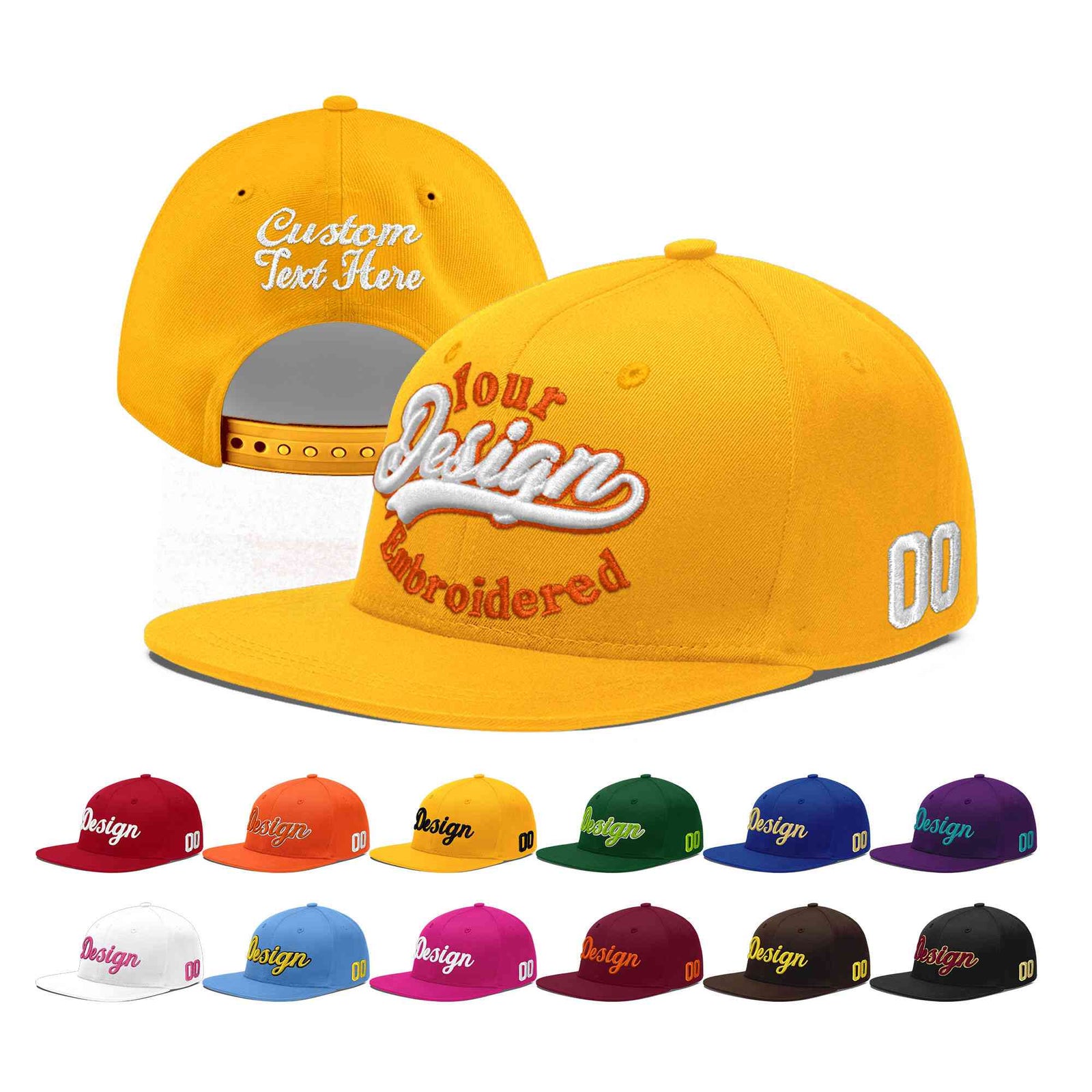 Custom Yellow 3D Puff Embroidery Flat Embroidery Casual Sport Baseball Cap