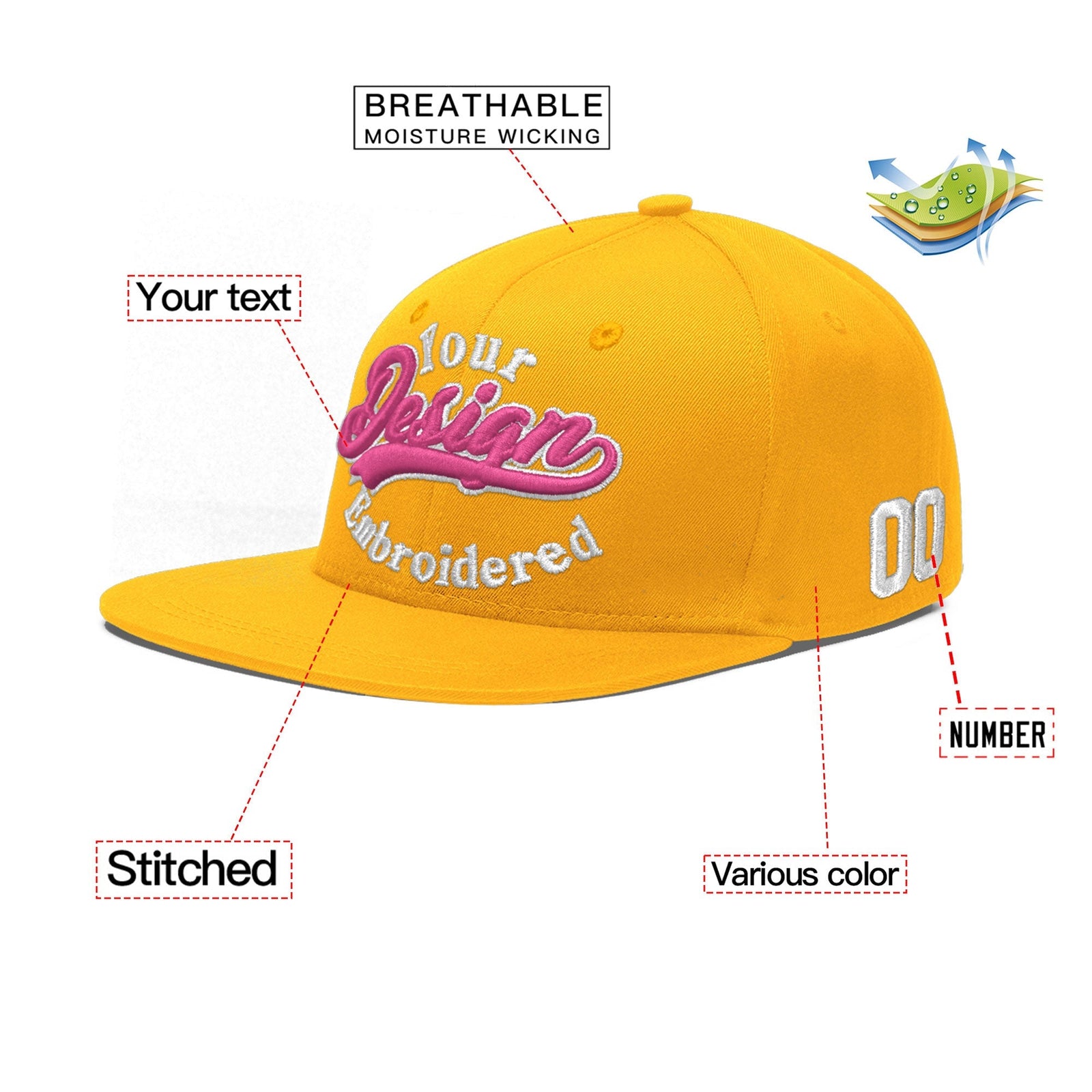 Custom Yellow 3D Puff Embroidery Flat Embroidery Casual Sport Baseball Cap