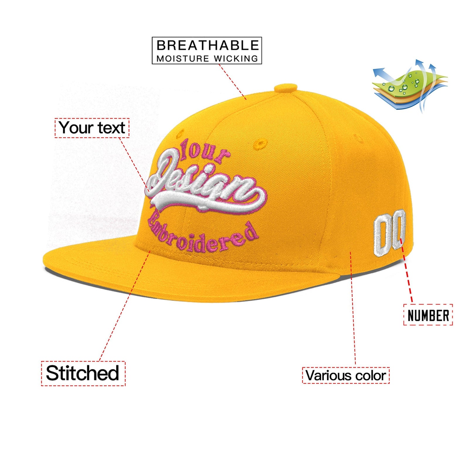 Custom Yellow 3D Puff Embroidery Flat Embroidery Casual Sport Baseball Cap