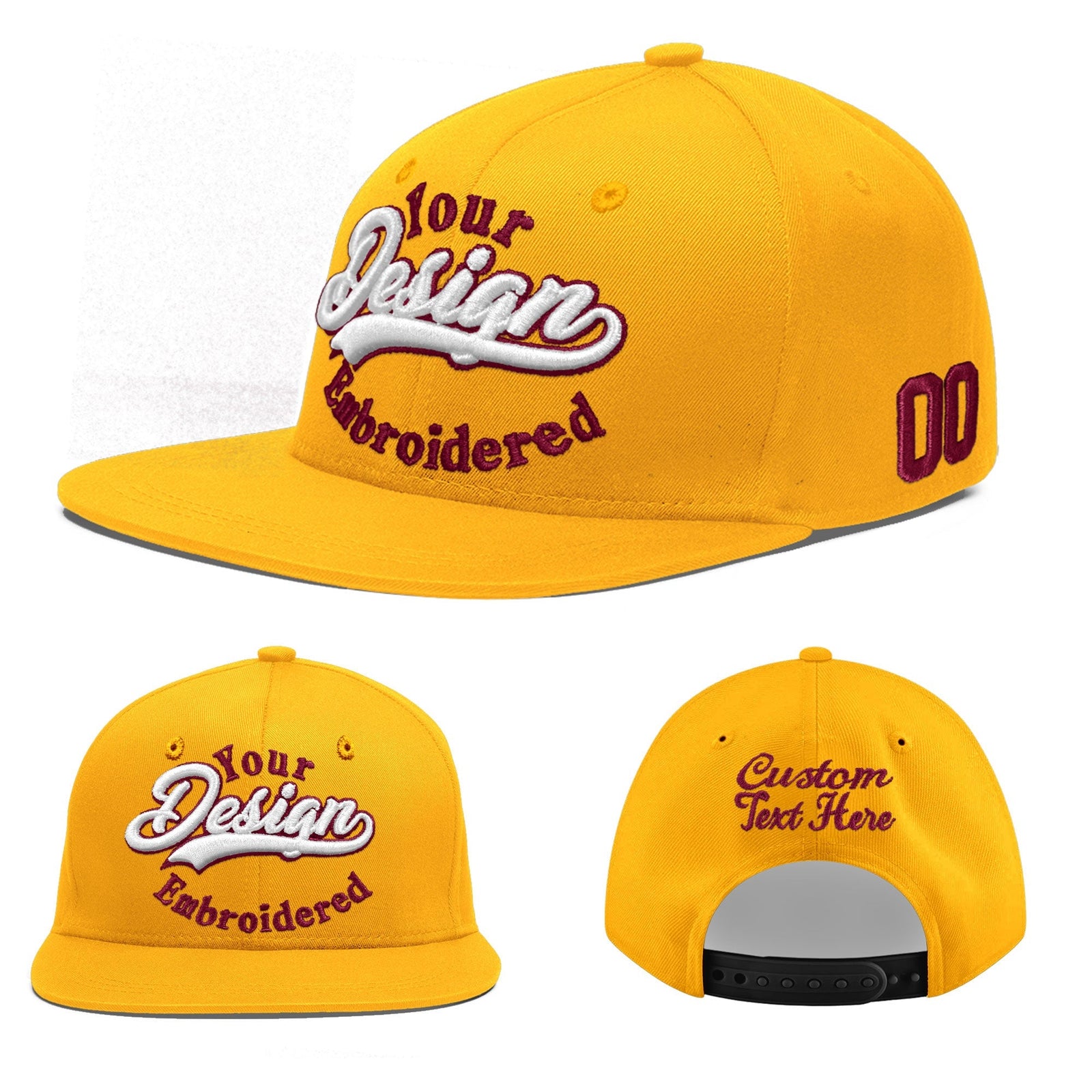 Custom Yellow 3D Puff Embroidery Flat Embroidery Casual Sport Baseball Cap
