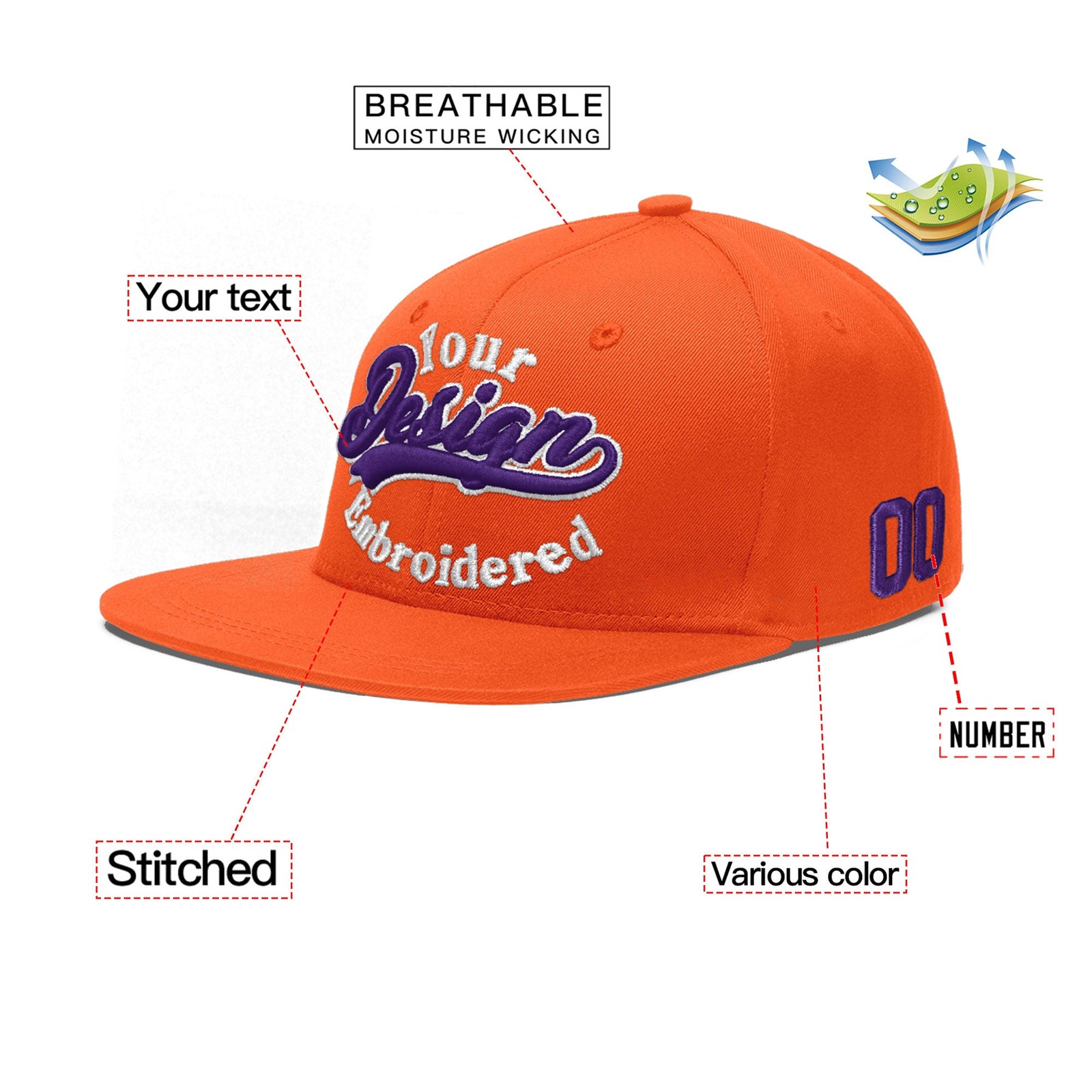 Custom Orange 3D Puff Embroidery Flat Embroidery Casual Sport Baseball Cap