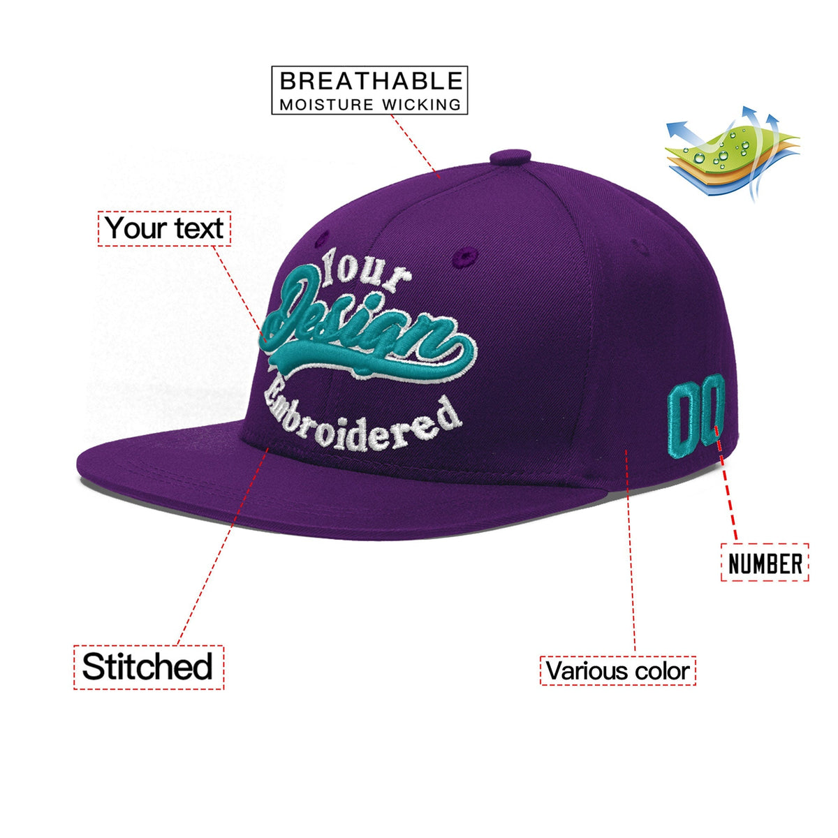 Custom Purple 3D Puff Embroidery Flat Embroidery Casual Sport Baseball Cap
