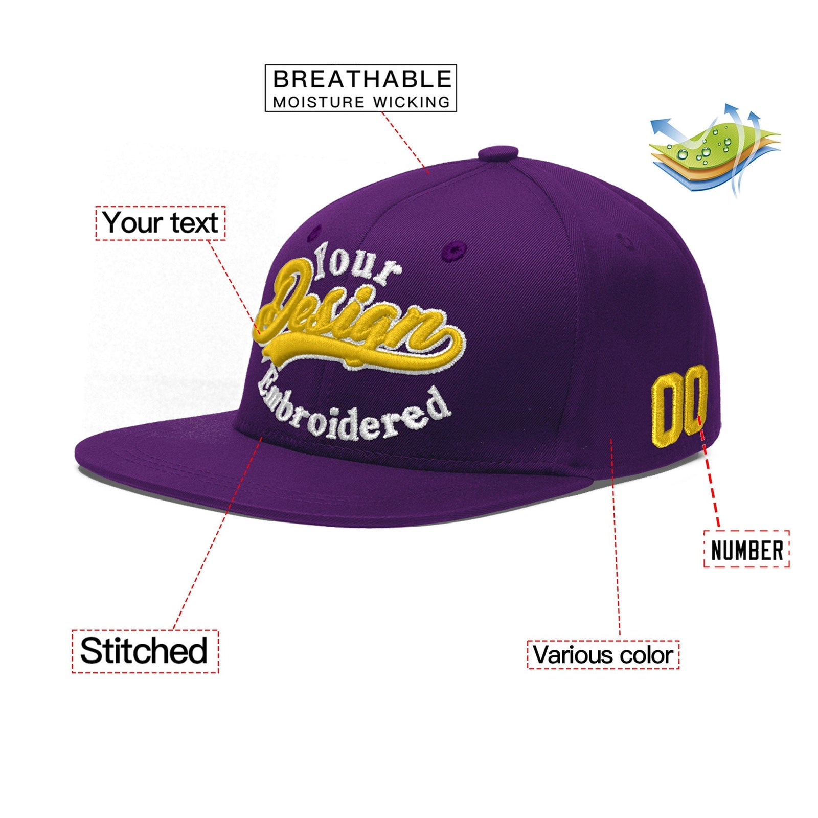 Custom Purple 3D Puff Embroidery Flat Embroidery Casual Sport Baseball Cap