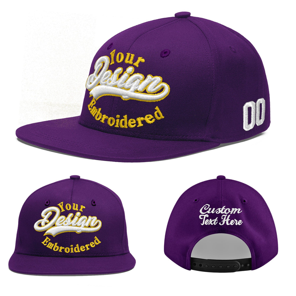 Custom Purple 3D Puff Embroidery Flat Embroidery Casual Sport Baseball Cap