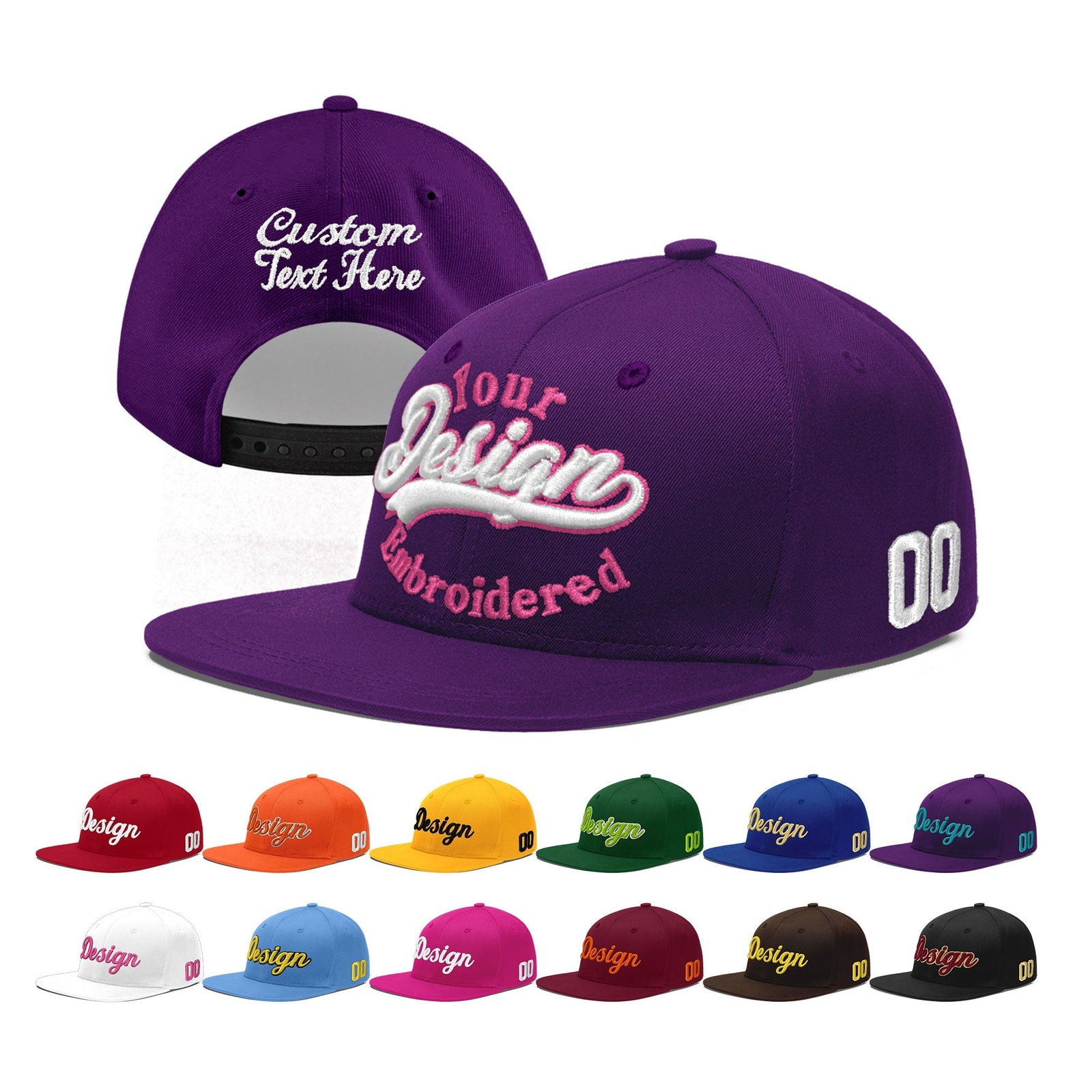Custom Purple 3D Puff Embroidery Flat Embroidery Casual Sport Baseball Cap