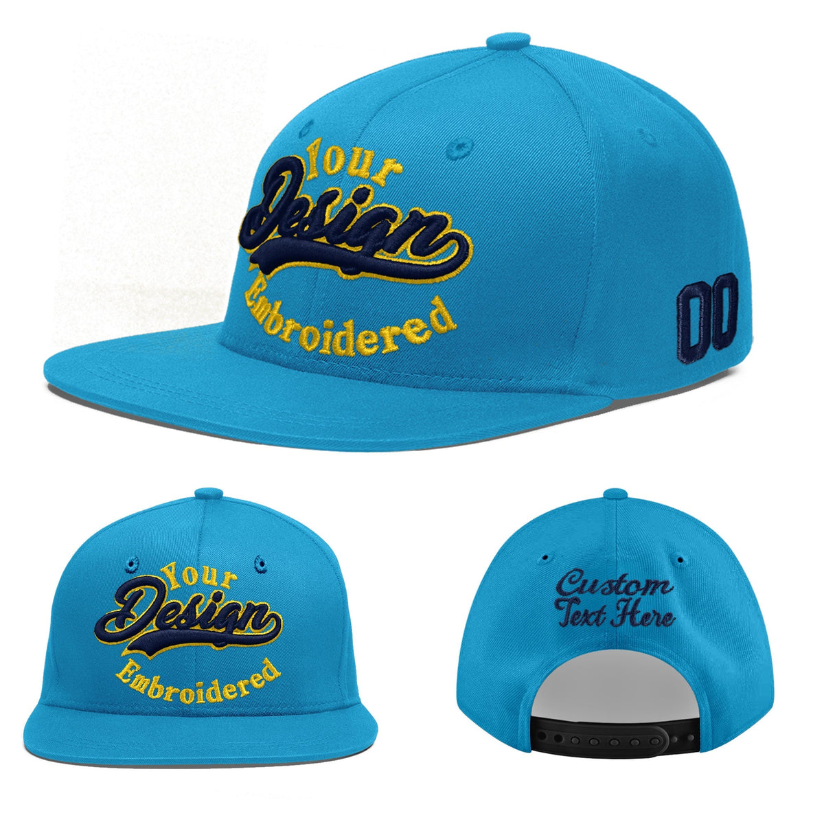 Custom Light Blue 3D Puff Embroidery Flat Embroidery Casual Sport Baseball Cap