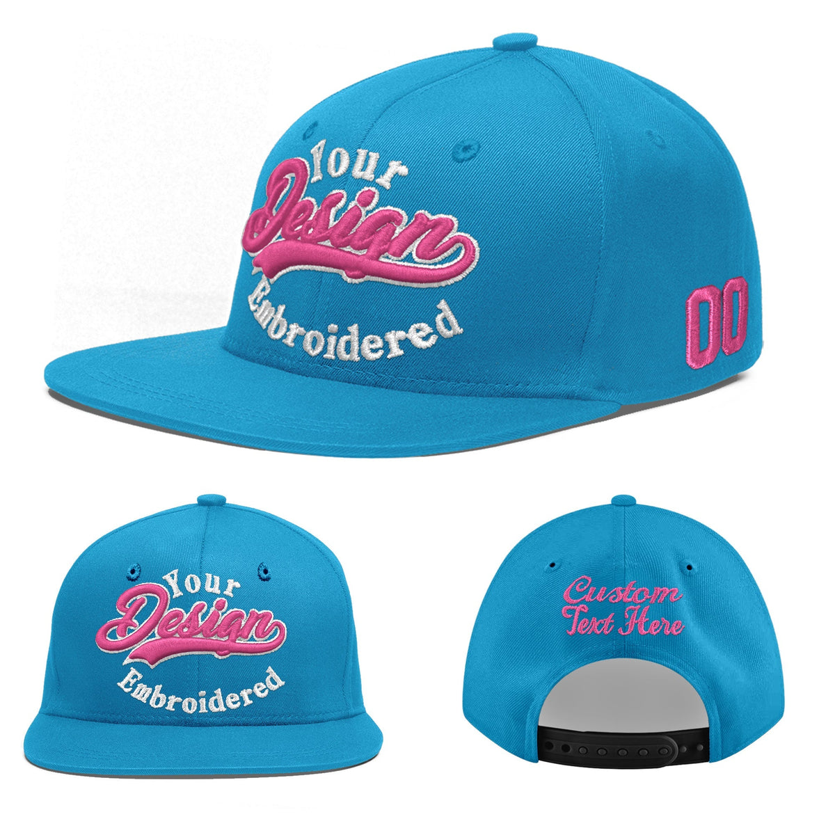 Custom Light Blue 3D Puff Embroidery Flat Embroidery Casual Sport Baseball Cap